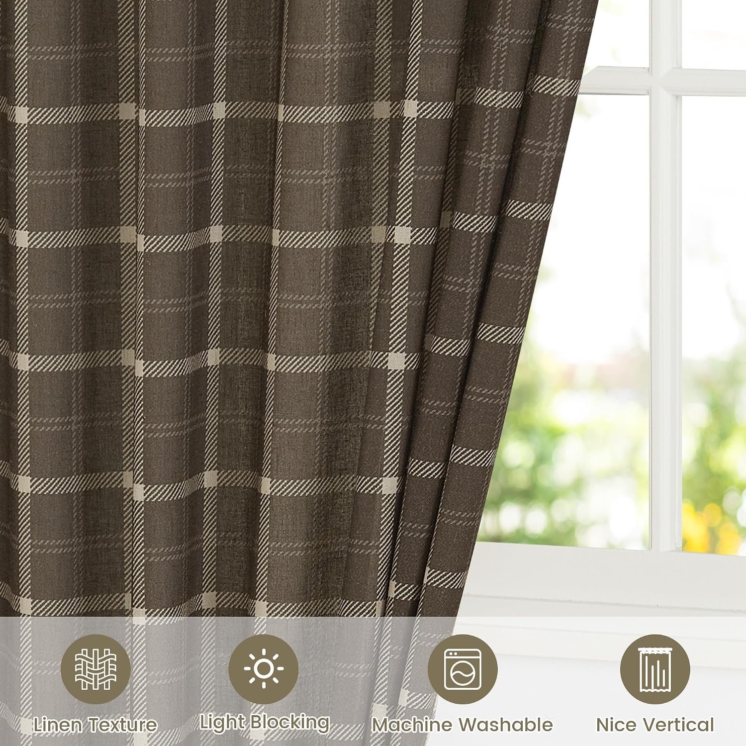 image:imageNICETOWN Taupe Plaid Print Linen Gingham Curtains 96 inches LongGrid Pattern Taupe