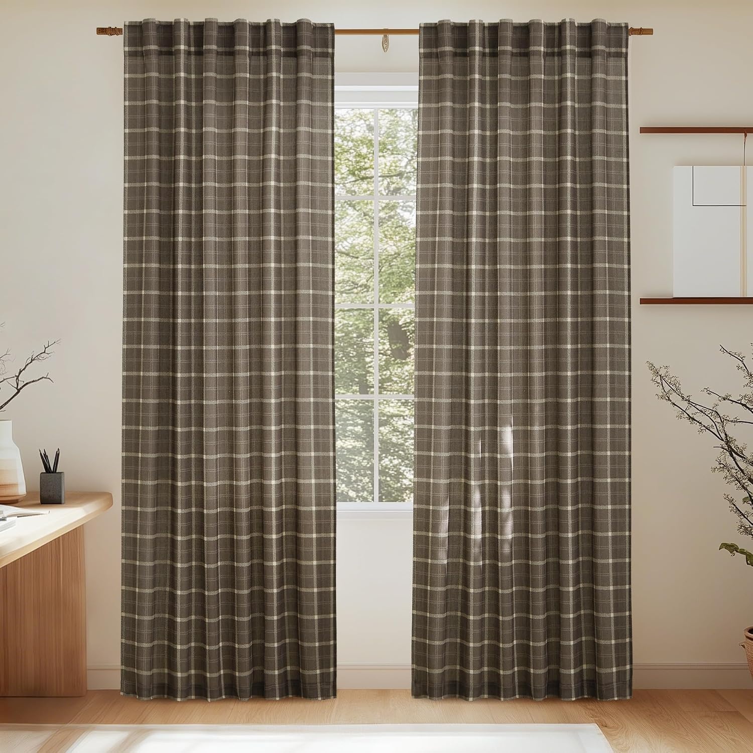 image:imageNICETOWN Taupe Plaid Print Linen Gingham Curtains 96 inches LongGrid Pattern Taupe