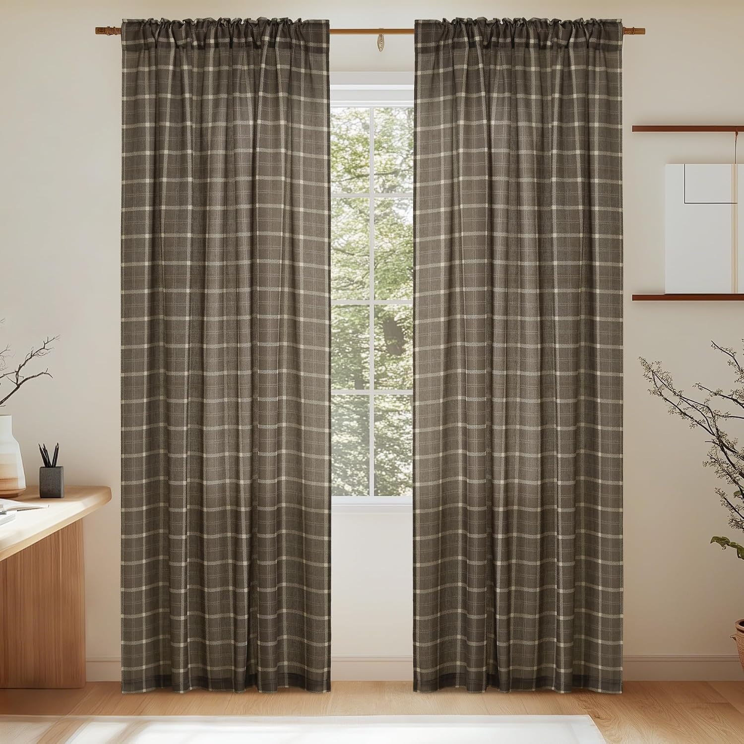 image:imageNICETOWN Taupe Plaid Print Linen Gingham Curtains 96 inches LongGrid Pattern Taupe