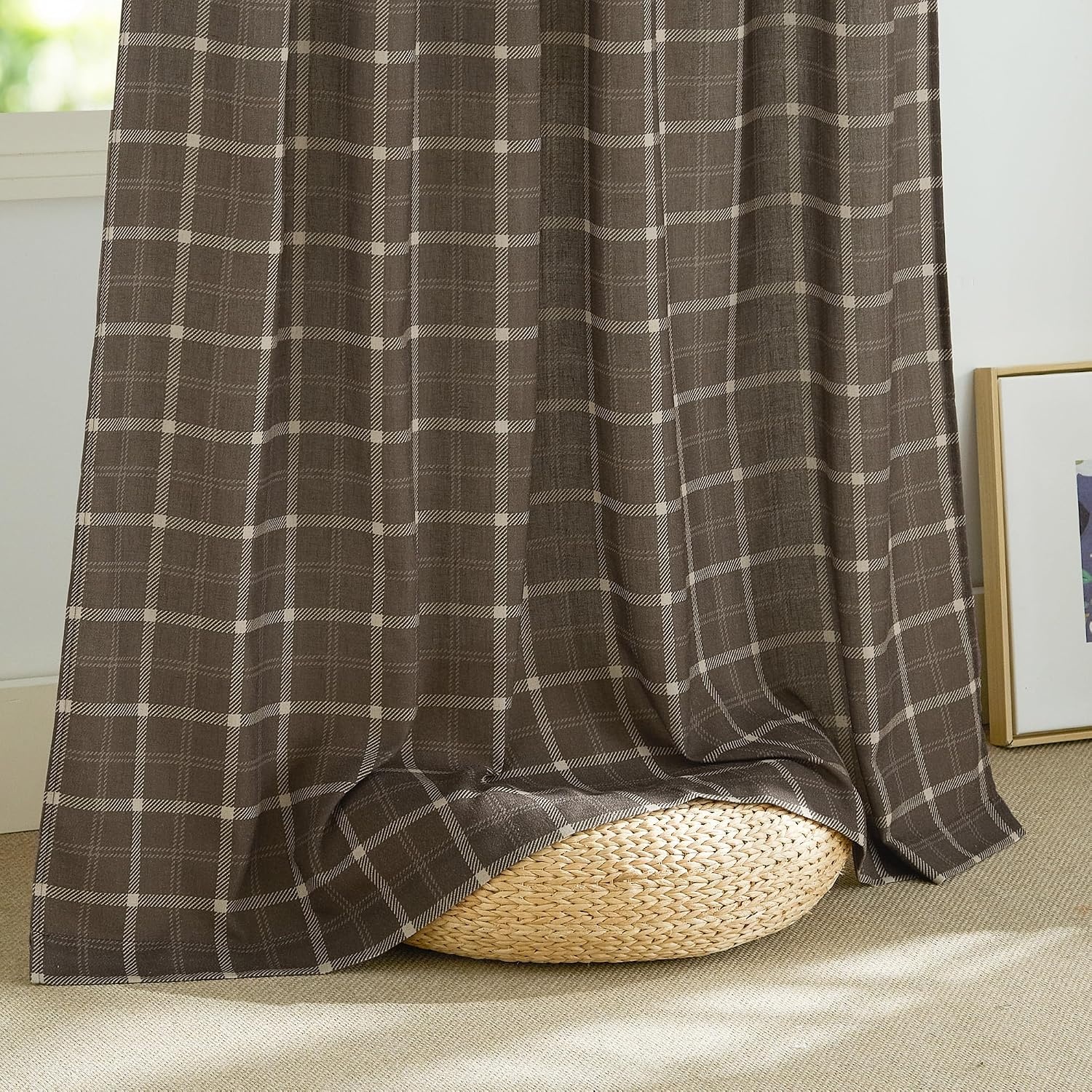 image:imageNICETOWN Taupe Plaid Print Linen Gingham Curtains 96 inches LongGrid Pattern Taupe