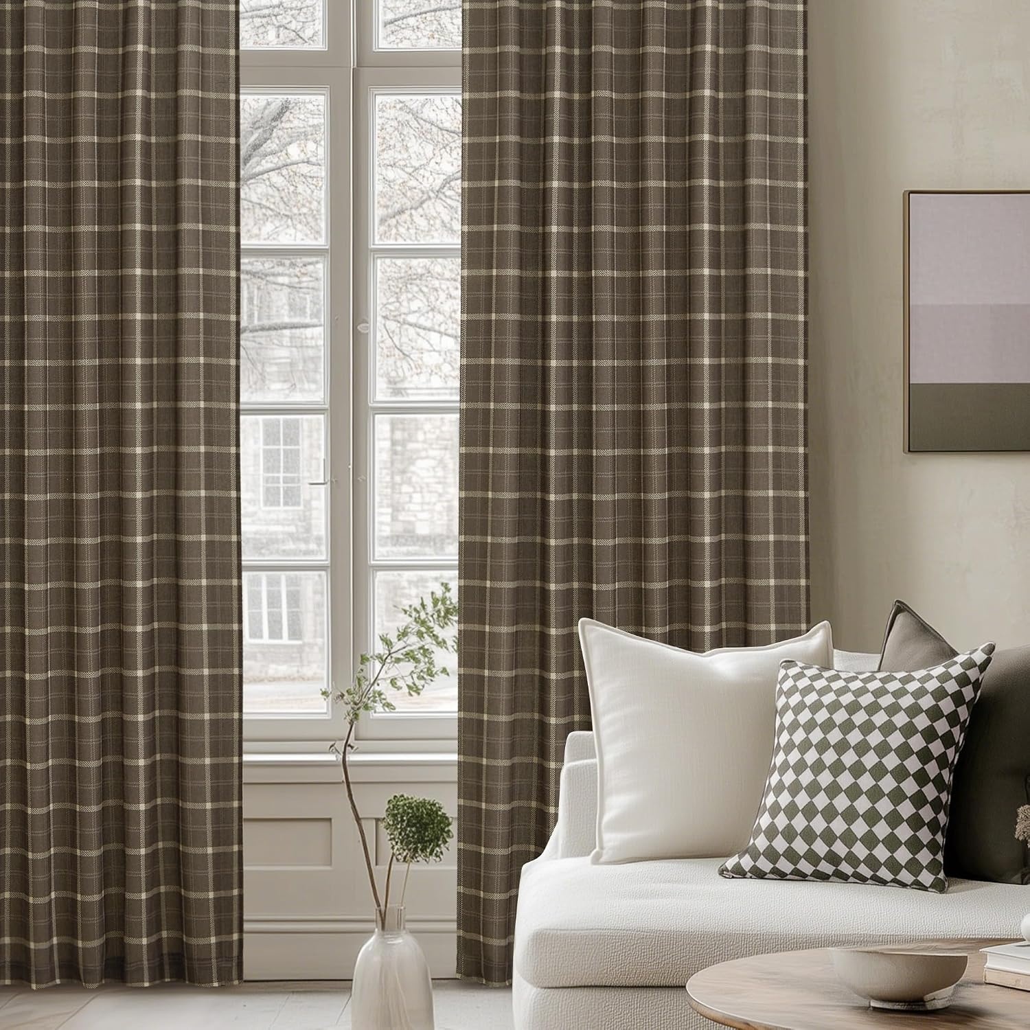 image:imageNICETOWN Taupe Plaid Print Linen Gingham Curtains 96 inches LongGrid Pattern Taupe