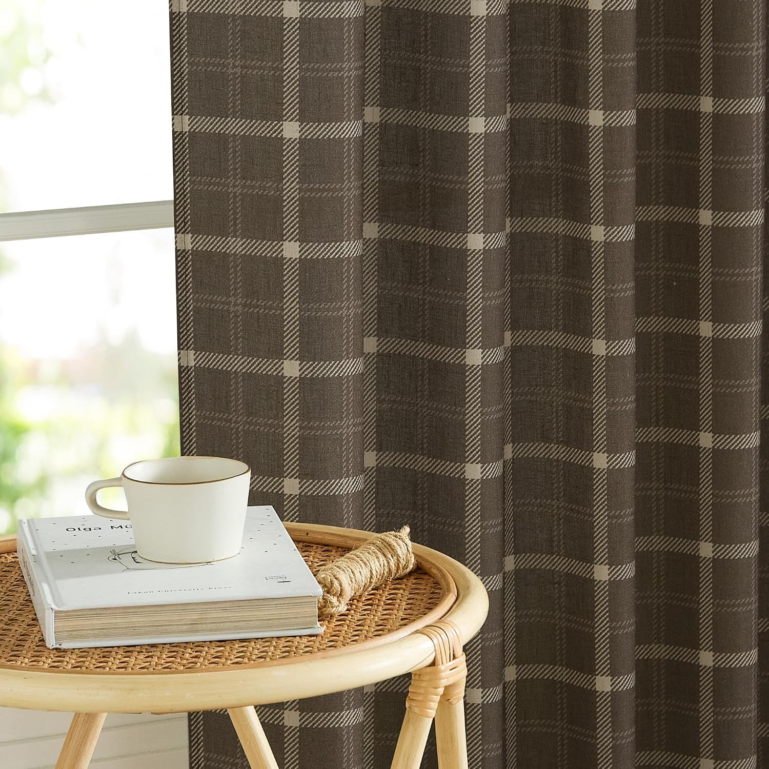 image:imageNICETOWN Taupe Plaid Print Linen Gingham Curtains 96 inches LongGrid Pattern Taupe