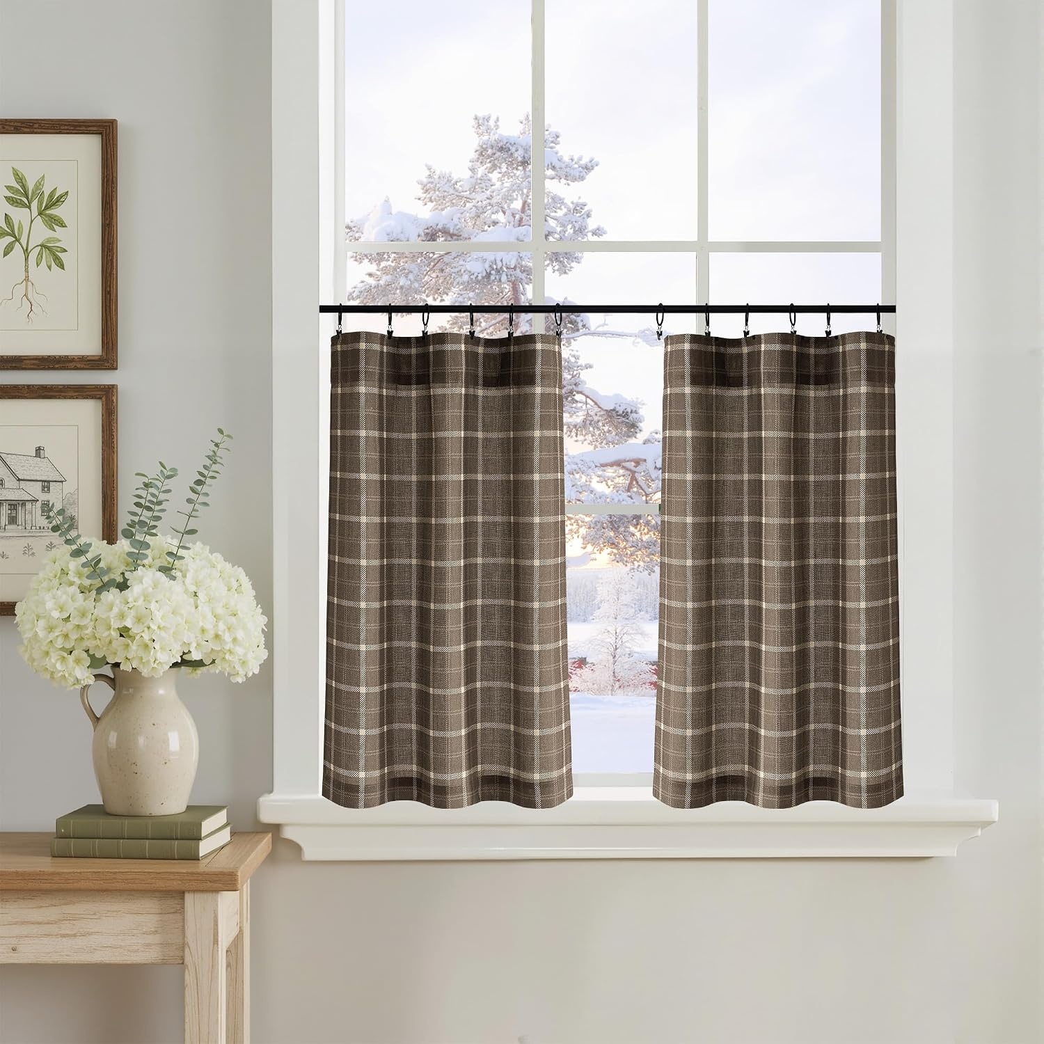 image:imageNICETOWN Taupe Plaid Print Linen Gingham Curtains 96 inches LongGrid Pattern Taupe