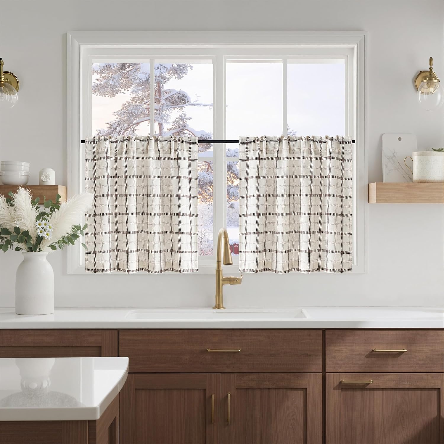 image:imageNICETOWN Taupe Plaid Print Linen Gingham Curtains 96 inches LongGrid Pattern White