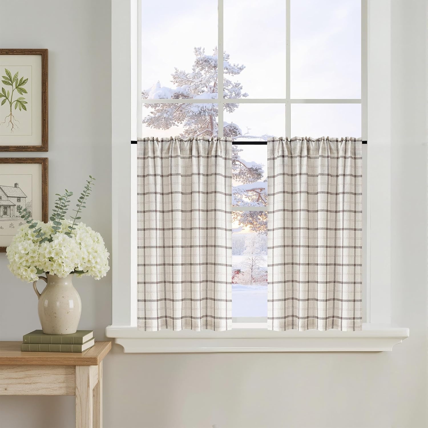 image:imageNICETOWN Taupe Plaid Print Linen Gingham Curtains 96 inches LongGrid Pattern White