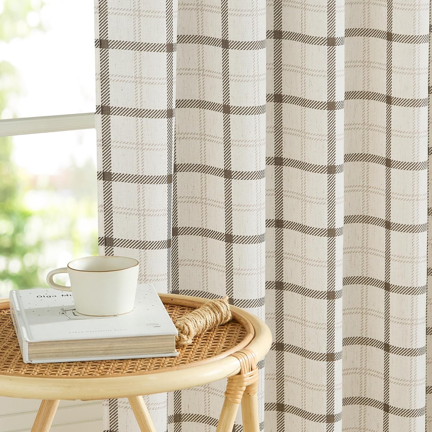 image:imageNICETOWN Taupe Plaid Print Linen Gingham Curtains 96 inches LongGrid Pattern White