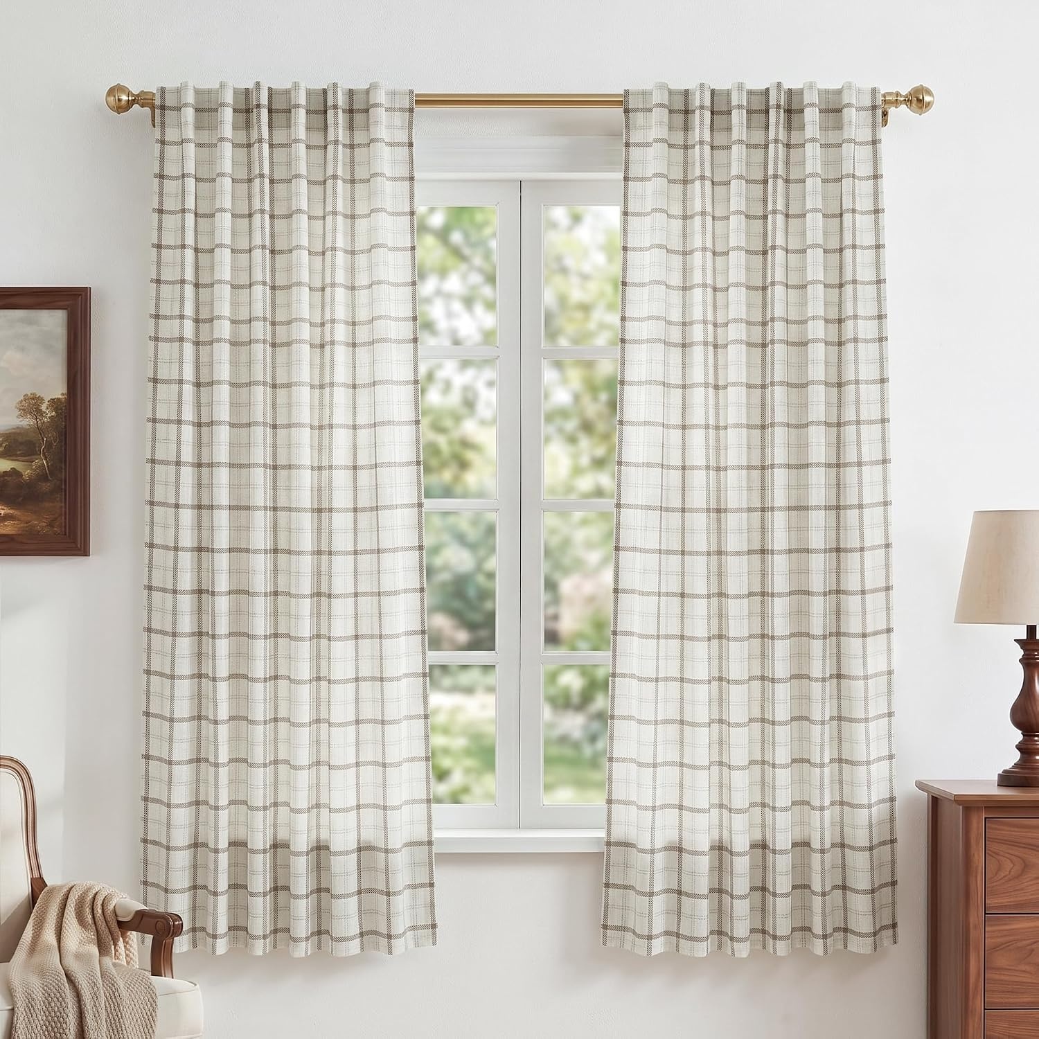 image:imageNICETOWN Taupe Plaid Print Linen Gingham Curtains 96 inches LongGrid Pattern White