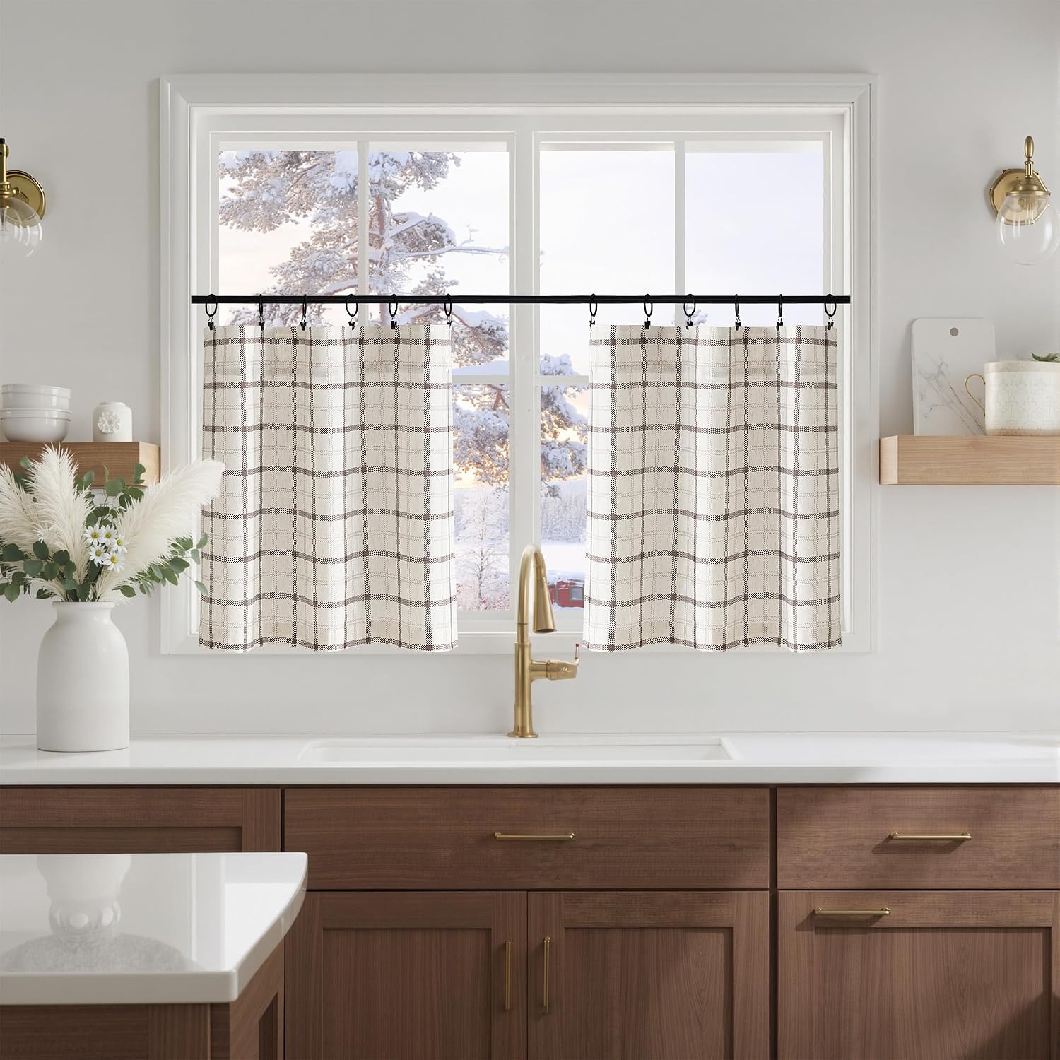 image:imageNICETOWN Taupe Plaid Print Linen Gingham Curtains 96 inches LongGrid Pattern White