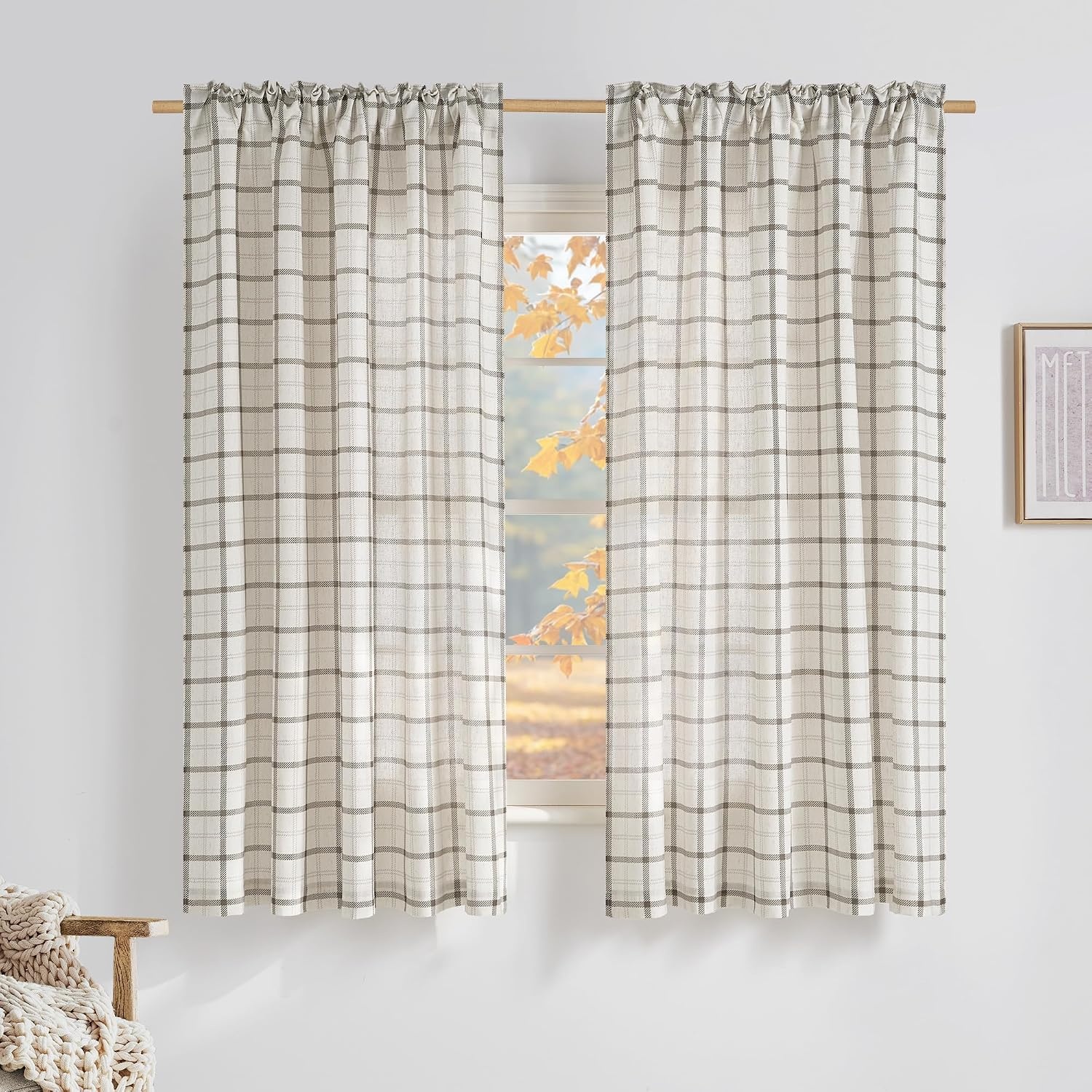 image:imageNICETOWN Taupe Plaid Print Linen Gingham Curtains 96 inches LongGrid Pattern White