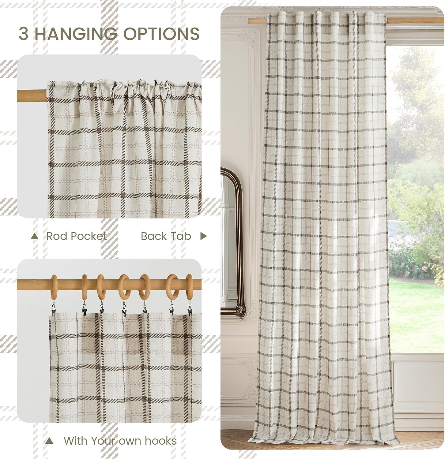image:imageNICETOWN Taupe Plaid Print Linen Gingham Curtains 96 inches LongGrid Pattern White