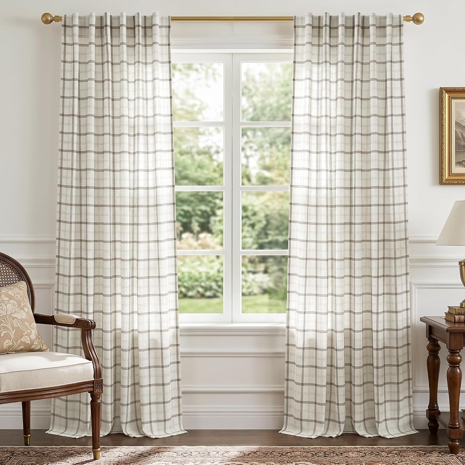 image:imageNICETOWN Taupe Plaid Print Linen Gingham Curtains 96 inches LongGrid Pattern White