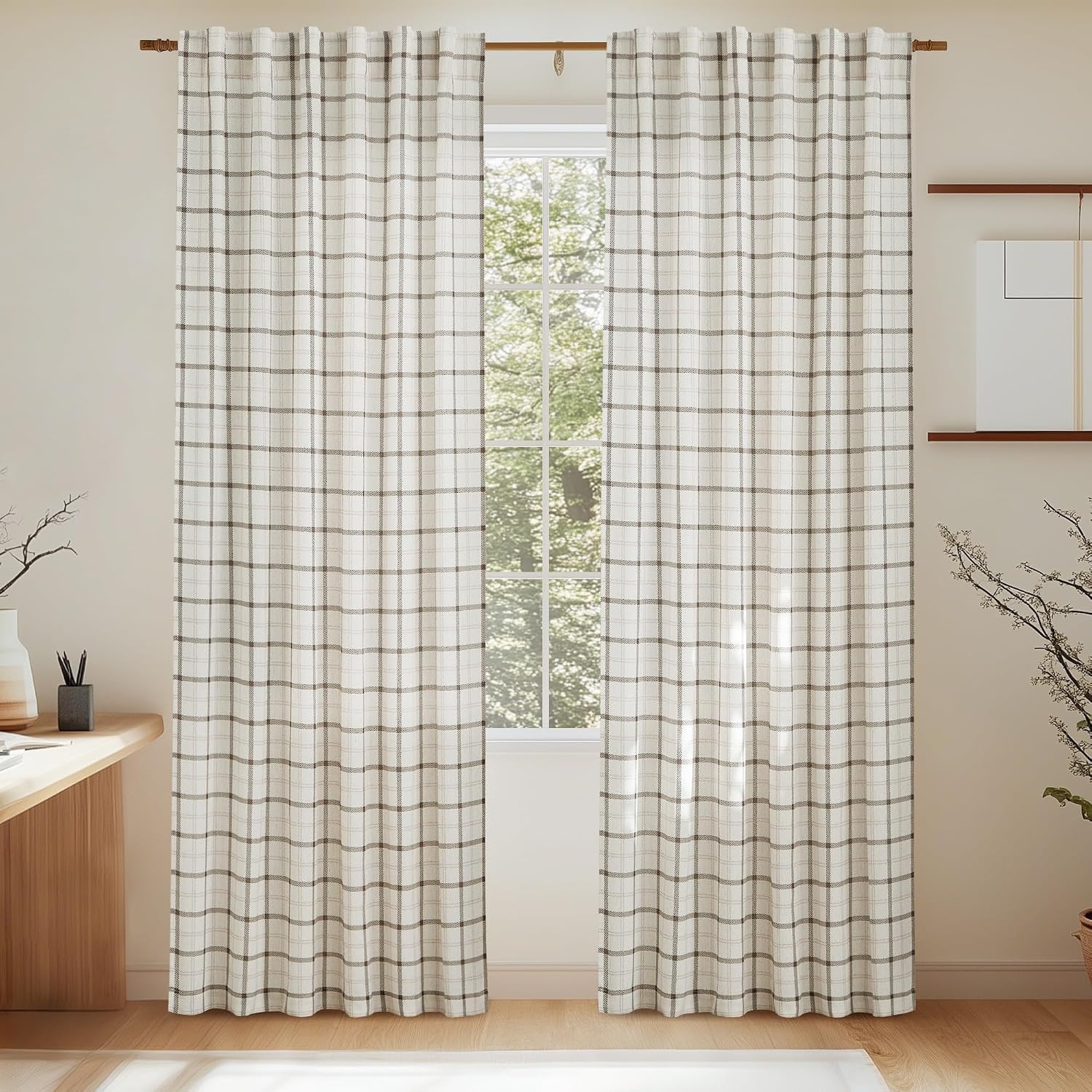 image:imageNICETOWN Taupe Plaid Print Linen Gingham Curtains 96 inches LongGrid Pattern White
