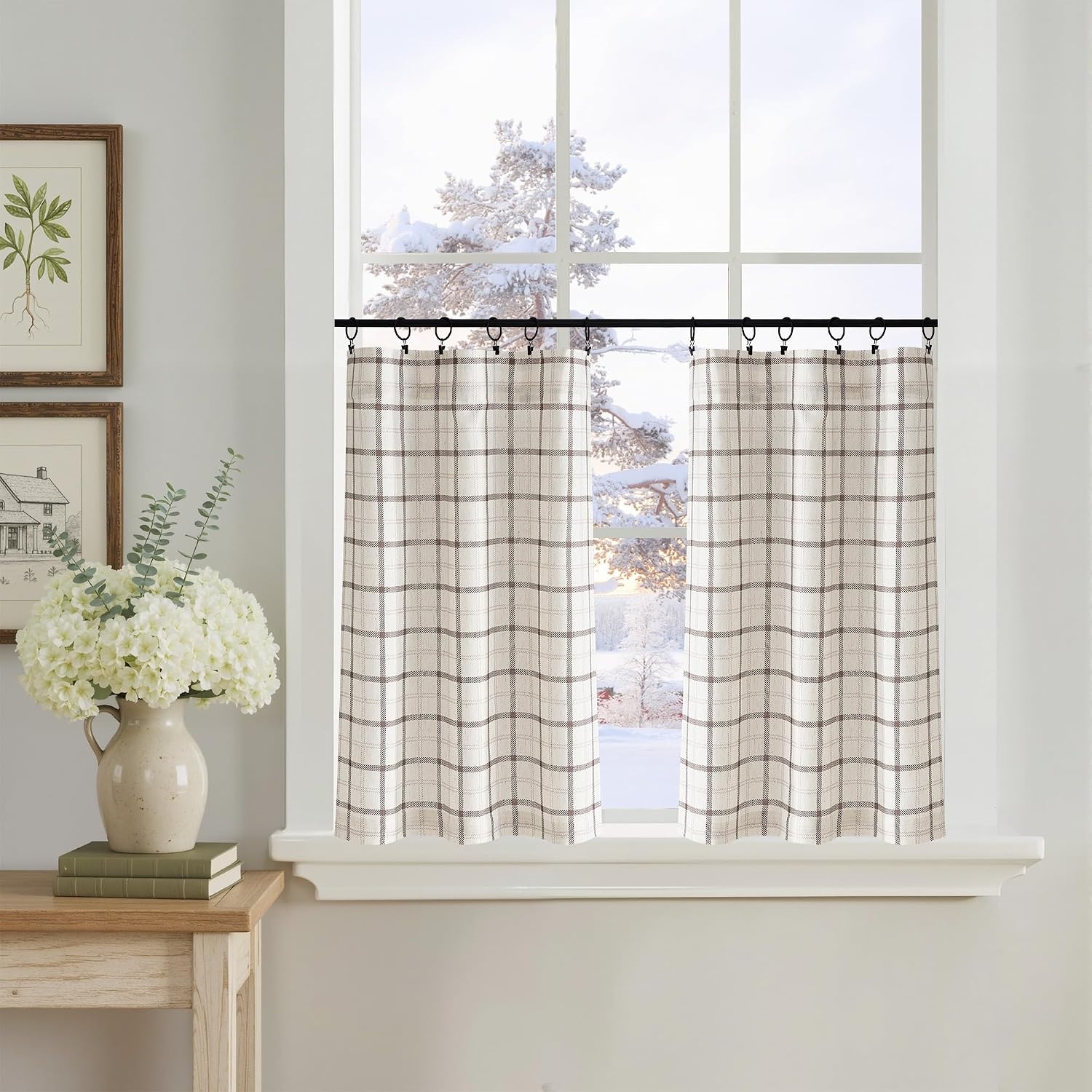 image:imageNICETOWN Taupe Plaid Print Linen Gingham Curtains 96 inches LongGrid Pattern White
