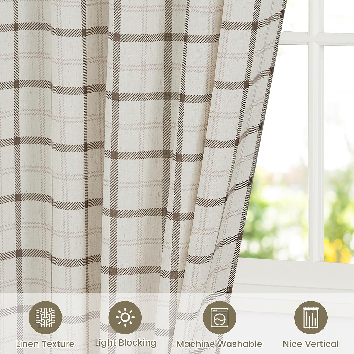 image:imageNICETOWN Taupe Plaid Print Linen Gingham Curtains 96 inches LongGrid Pattern White