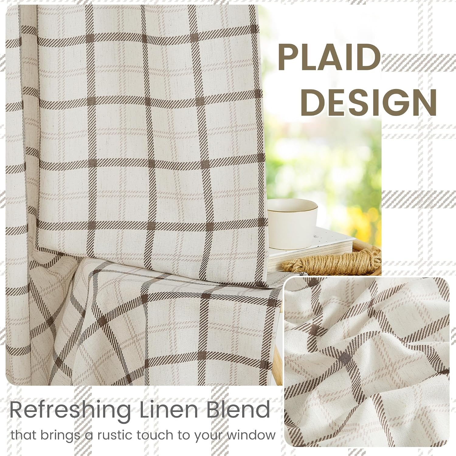 image:imageNICETOWN Taupe Plaid Print Linen Gingham Curtains 96 inches LongGrid Pattern White