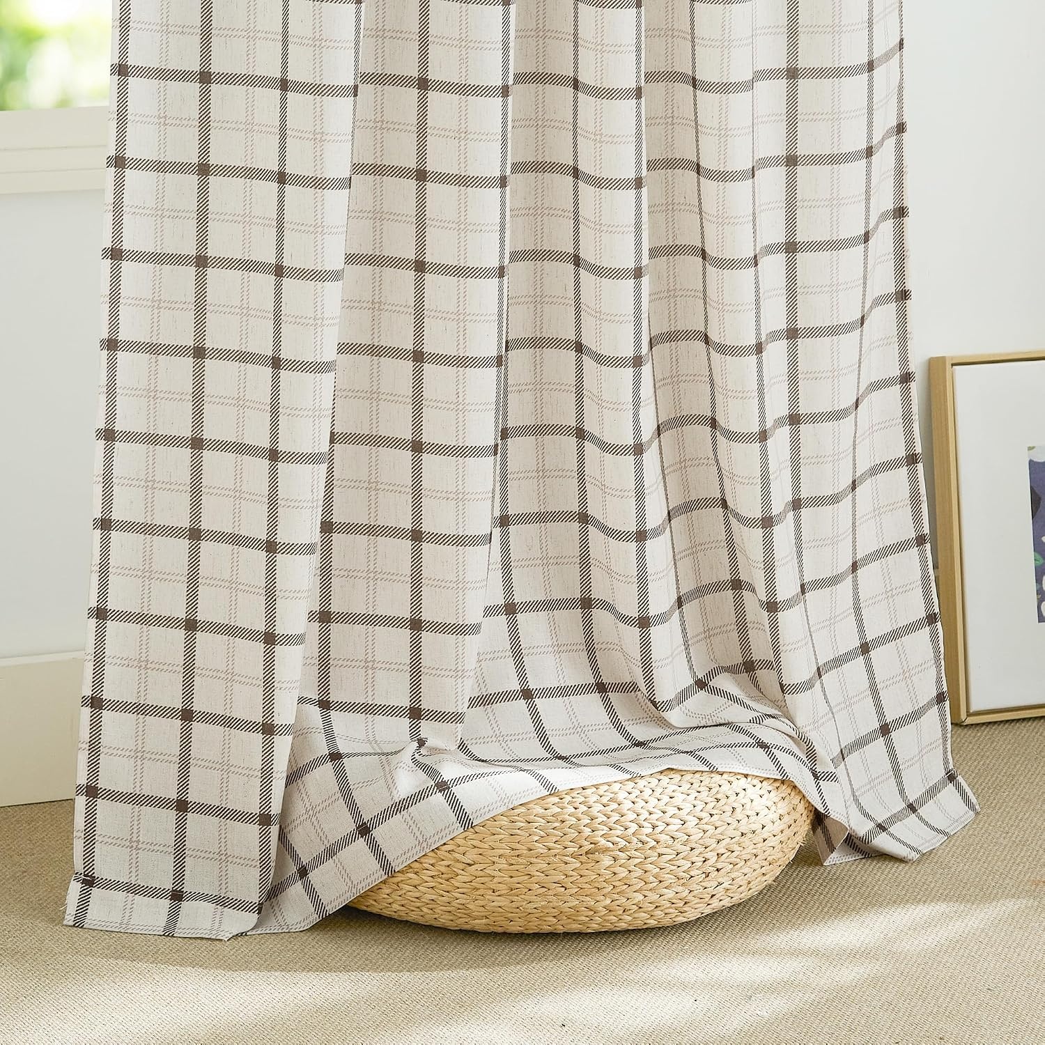 image:imageNICETOWN Taupe Plaid Print Linen Gingham Curtains 96 inches LongGrid Pattern White