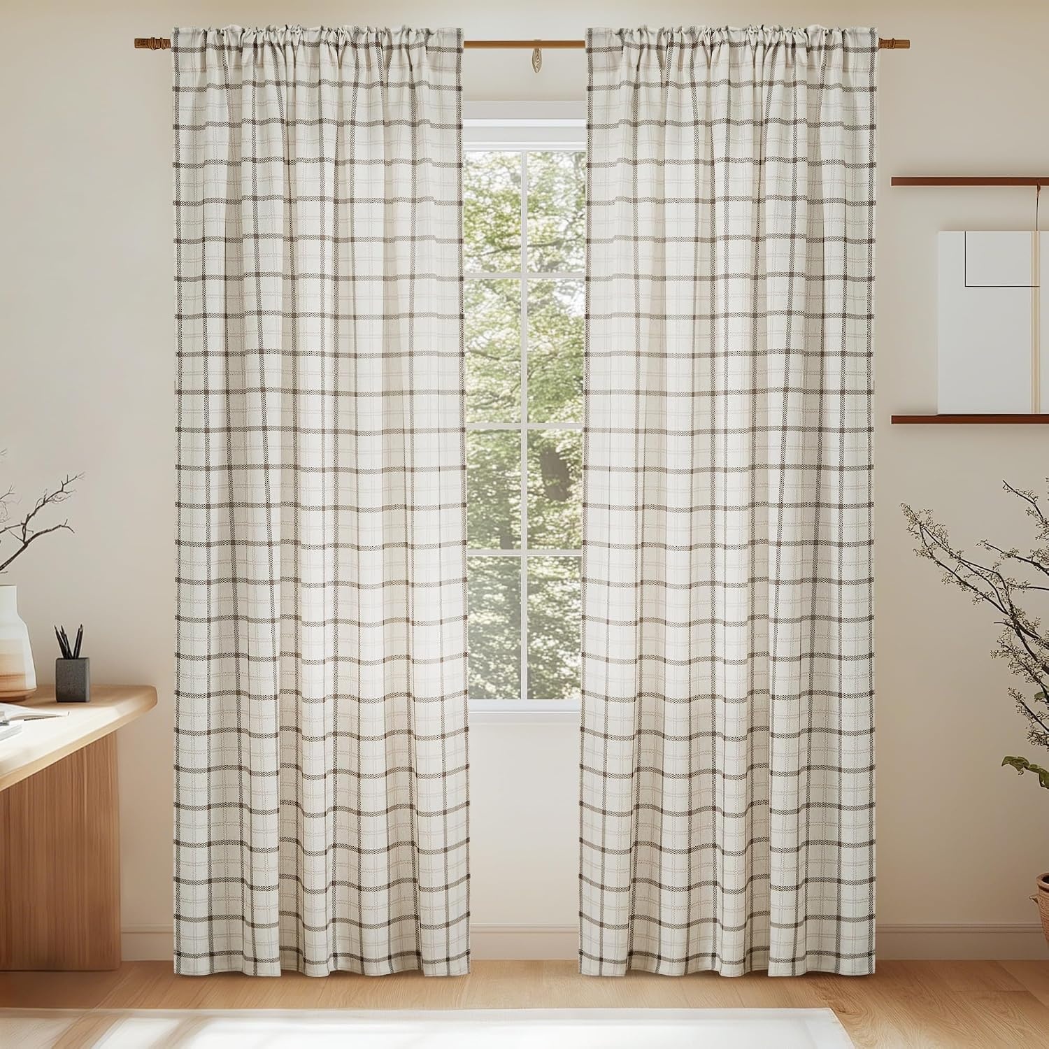 image:imageNICETOWN Taupe Plaid Print Linen Gingham Curtains 96 inches LongGrid Pattern White