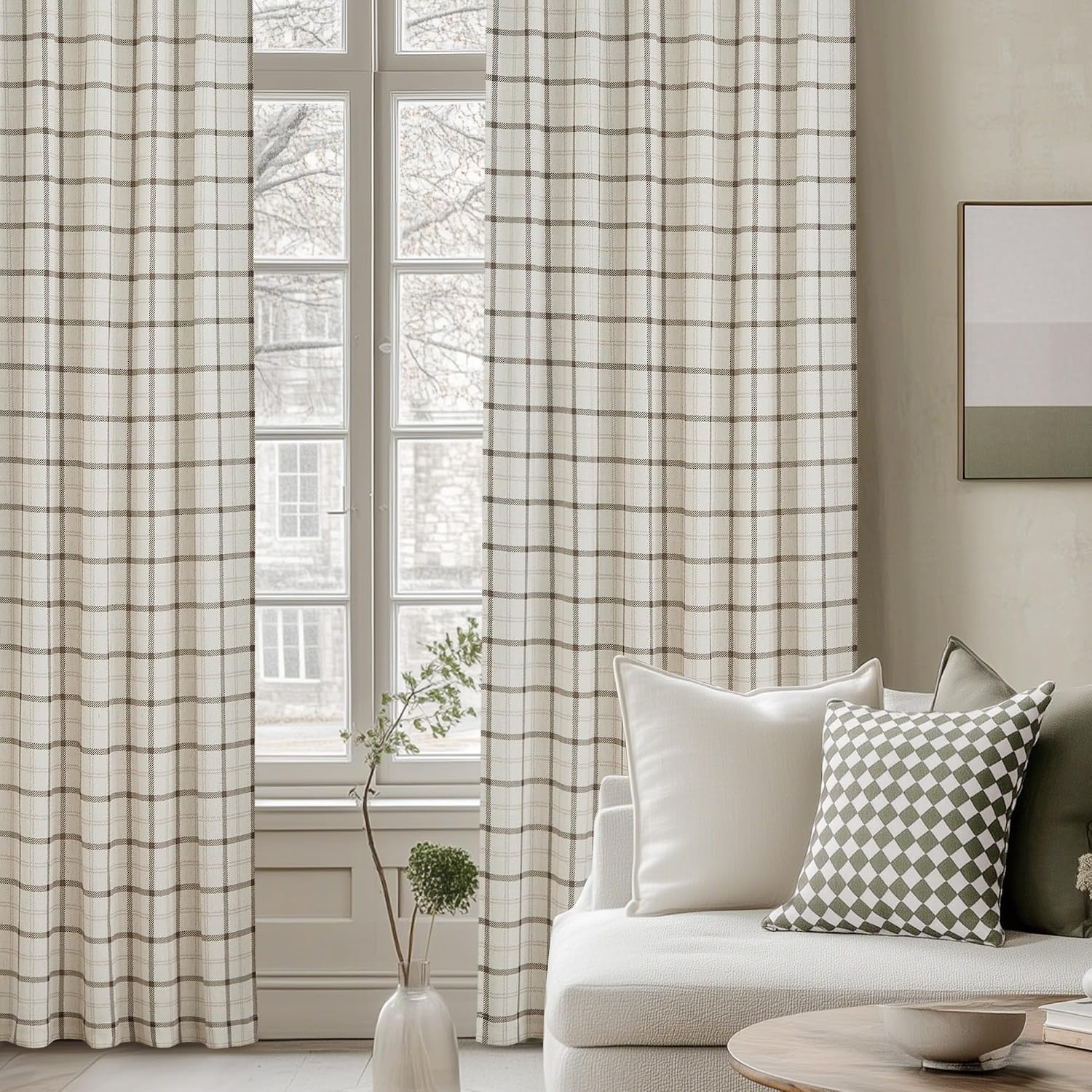 image:imageNICETOWN Taupe Plaid Print Linen Gingham Curtains 96 inches LongGrid Pattern White