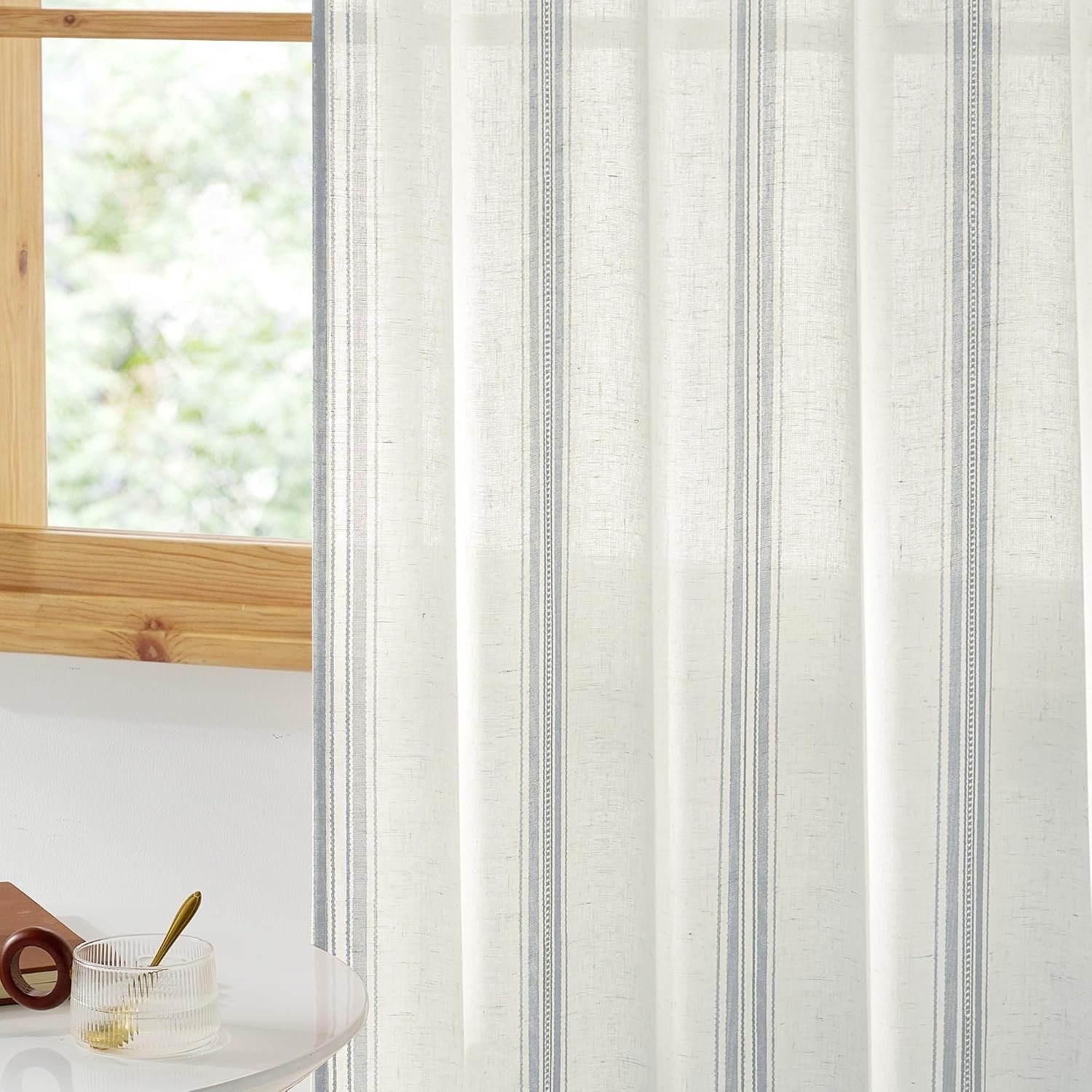 image:imageNICETOWN Taupe Plaid Print Linen Gingham Curtains 96 inches LongSea Blue