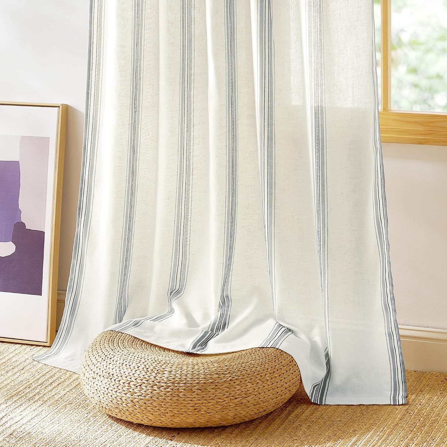 image:imageNICETOWN Taupe Plaid Print Linen Gingham Curtains 96 inches LongSea Blue