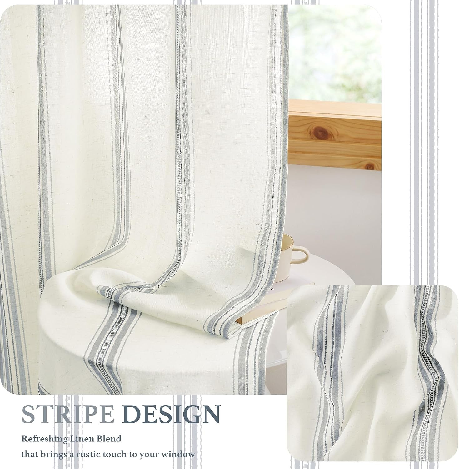 image:imageNICETOWN Taupe Plaid Print Linen Gingham Curtains 96 inches LongSea Blue