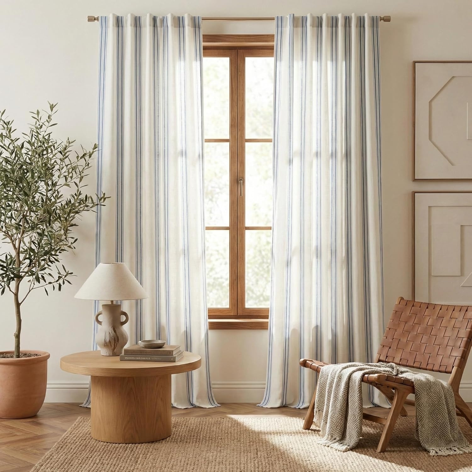 image:imageNICETOWN Taupe Plaid Print Linen Gingham Curtains 96 inches LongSea Blue