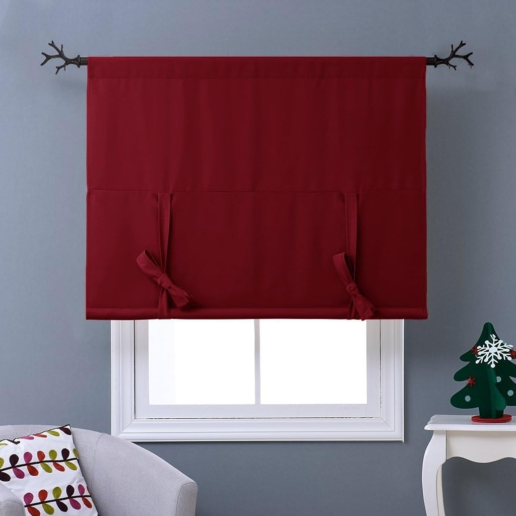 image:imageNICETOWN Thermal Insulated Blackout Short Curtain Bathroom Curtain Gray Tie Up Shade for Small Window Window Valance Balloon Roman Blind Rod Pocket Panel 46 inches W x 63 inches LBurgundy Red