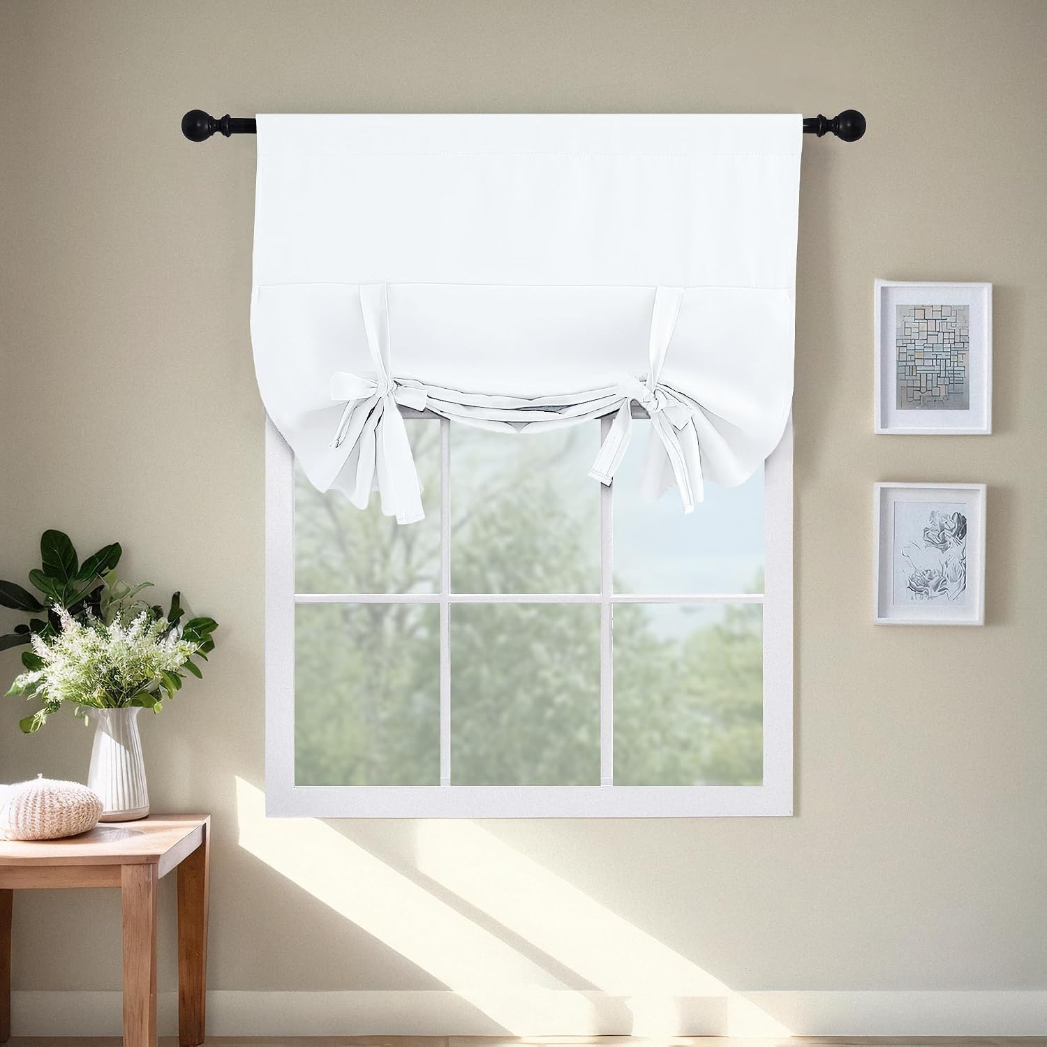 image:imageNICETOWN Thermal Insulated Blackout Short Curtain Bathroom Curtain Gray Tie Up Shade for Small Window Window Valance Balloon Roman Blind Rod Pocket Panel 46 inches W x 63 inches LPure White