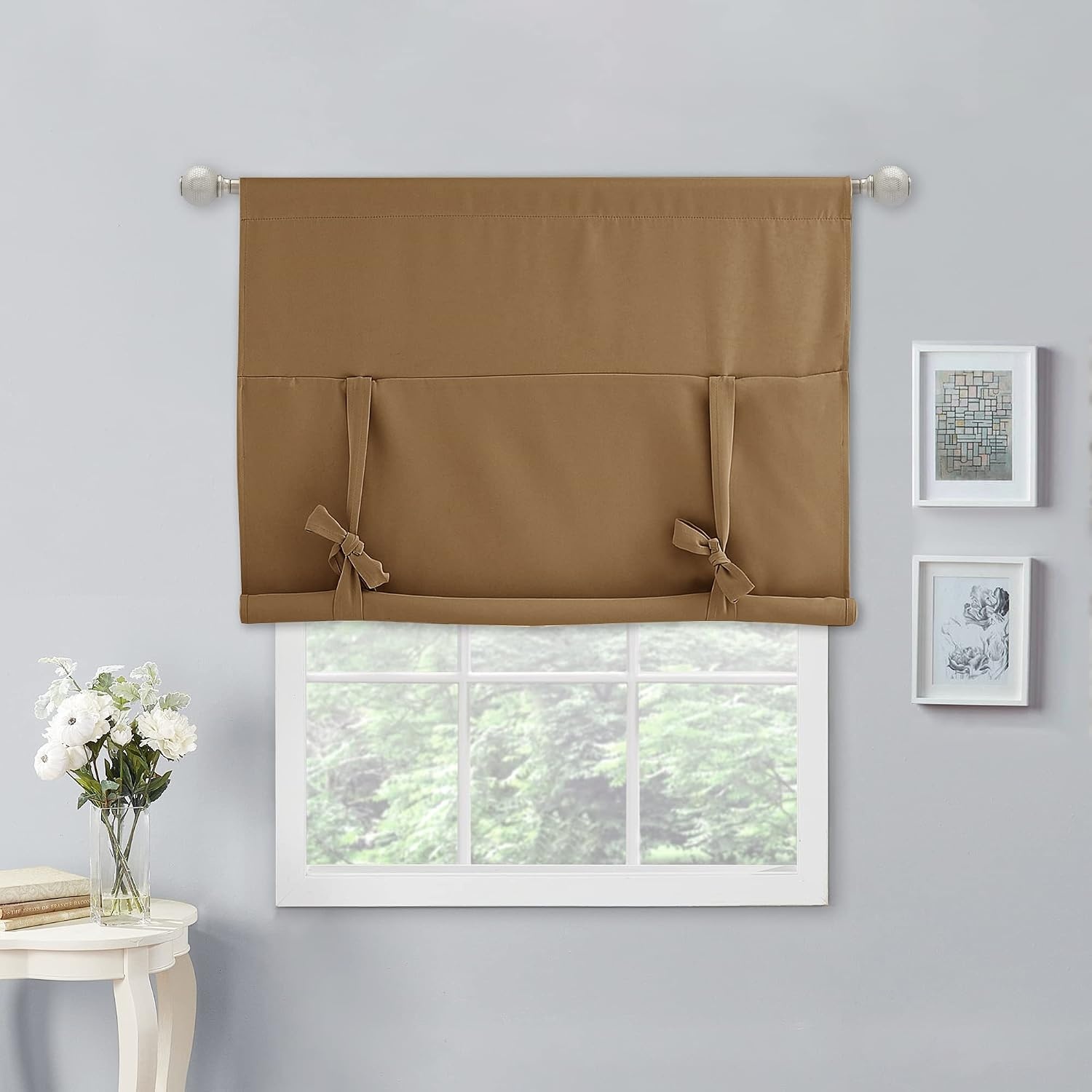 image:imageNICETOWN Thermal Insulated Blackout Short Curtain Bathroom Curtain Gray Tie Up Shade for Small Window Window Valance Balloon Roman Blind Rod Pocket Panel 46 inches W x 63 inches LGold Brown
