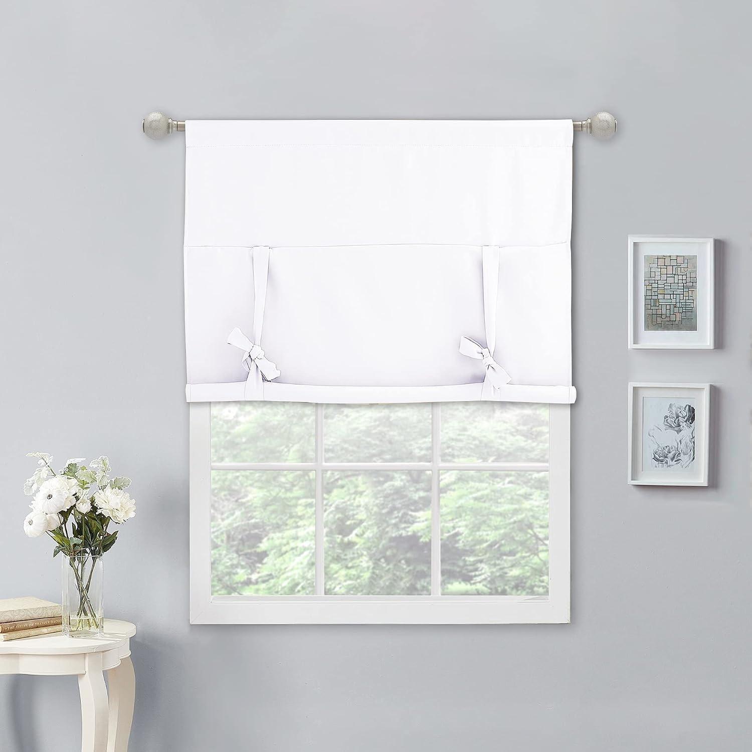 image:imageNICETOWN Thermal Insulated Blackout Short Curtain Bathroom Curtain Gray Tie Up Shade for Small Window Window Valance Balloon Roman Blind Rod Pocket Panel 46 inches W x 63 inches LPure White