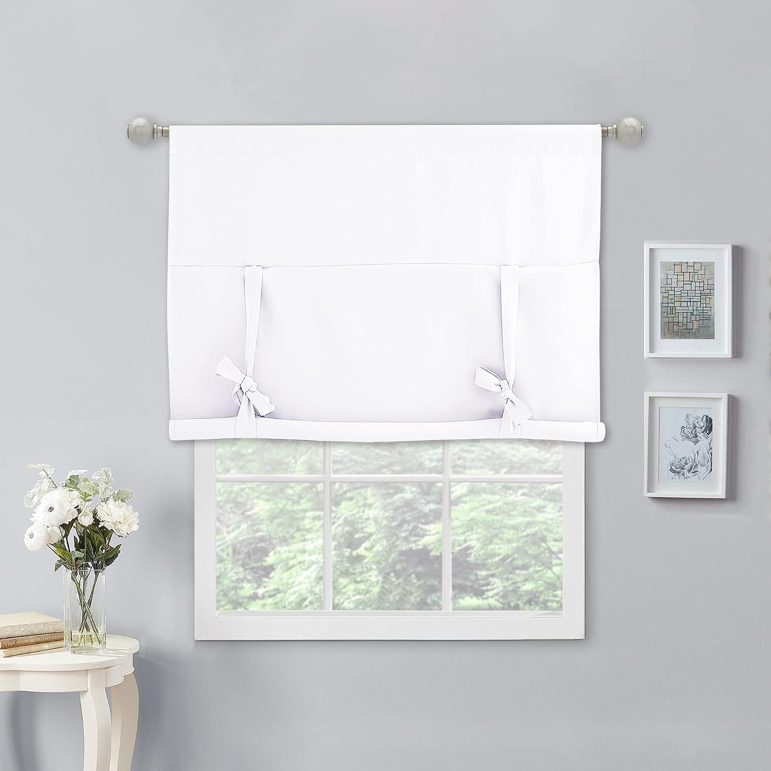 image:imageNICETOWN Thermal Insulated Blackout Short Curtain Bathroom Curtain Gray Tie Up Shade for Small Window Window Valance Balloon Roman Blind Rod Pocket Panel 46 inches W x 63 inches LPure White