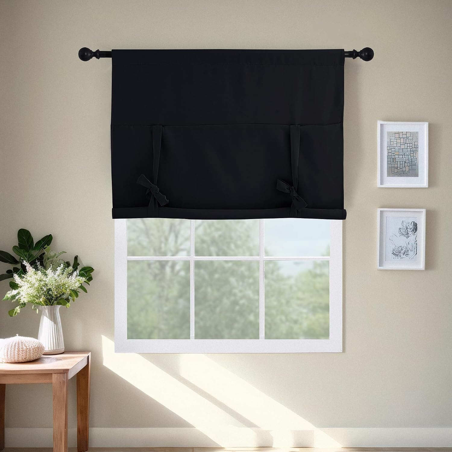 image:imageNICETOWN Thermal Insulated Blackout Short Curtain Bathroom Curtain Gray Tie Up Shade for Small Window Window Valance Balloon Roman Blind Rod Pocket Panel 46 inches W x 63 inches LBlack