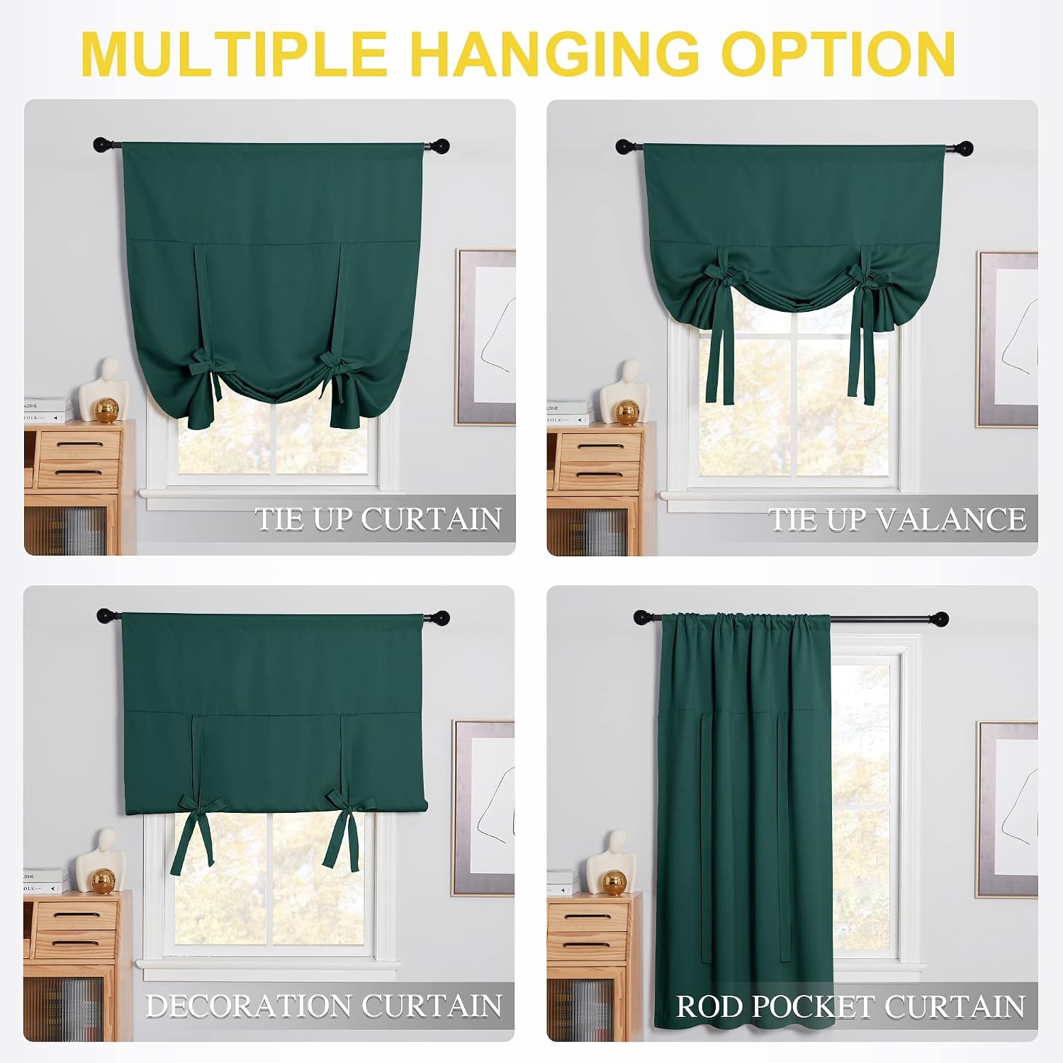 image:imageNICETOWN Thermal Insulated Blackout Short Curtain Bathroom Curtain Gray Tie Up Shade for Small Window Window Valance Balloon Roman Blind Rod Pocket Panel 46 inches W x 63 inches LHunter Green