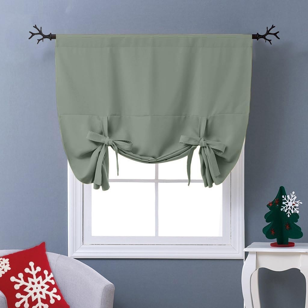 image:imageNICETOWN Thermal Insulated Blackout Short Curtain Bathroom Curtain Gray Tie Up Shade for Small Window Window Valance Balloon Roman Blind Rod Pocket Panel 46 inches W x 63 inches LGreyish Green