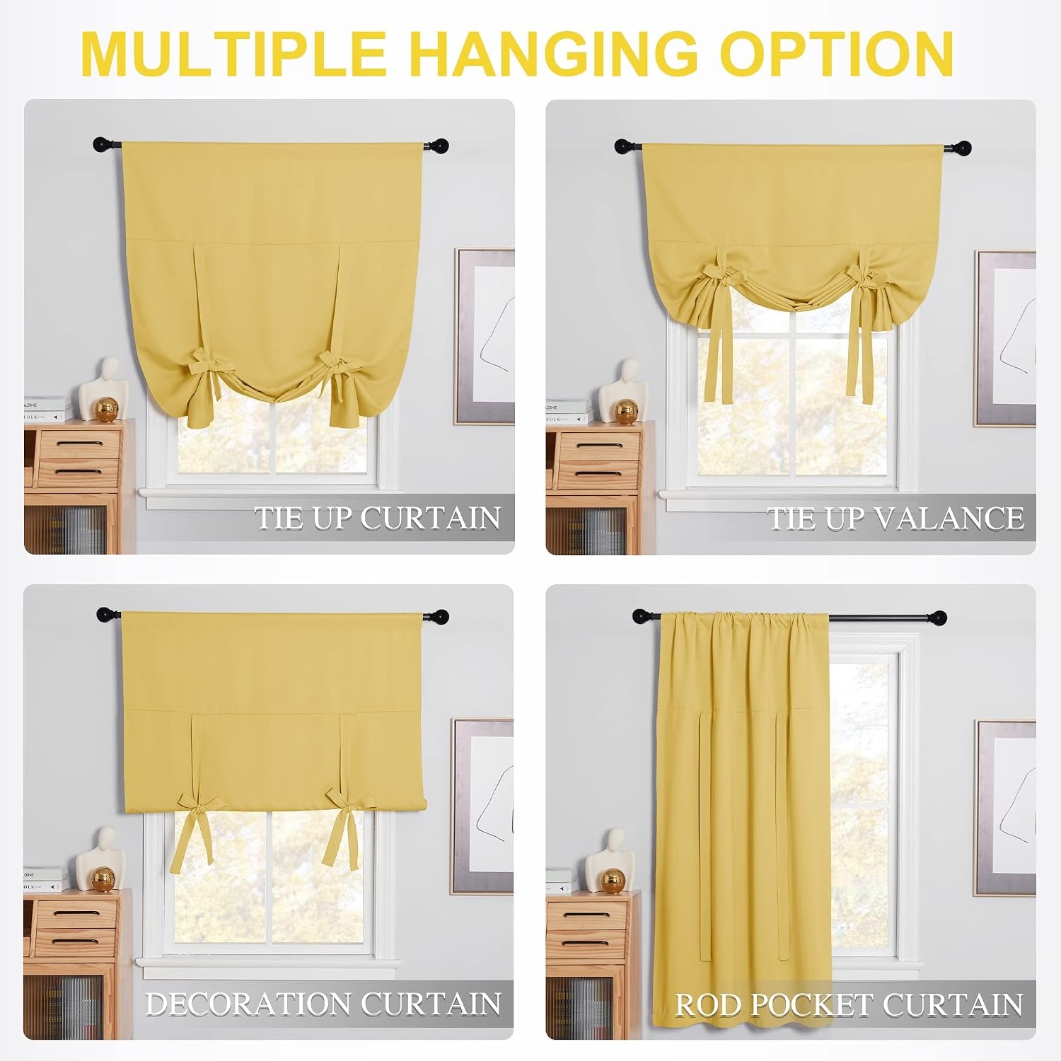 image:imageNICETOWN Thermal Insulated Blackout Short Curtain Bathroom Curtain Gray Tie Up Shade for Small Window Window Valance Balloon Roman Blind Rod Pocket Panel 46 inches W x 63 inches LYellow