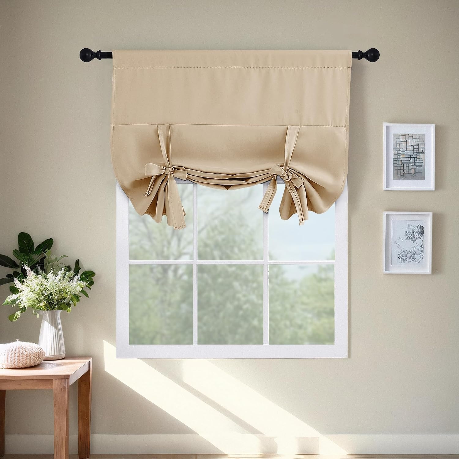 image:imageNICETOWN Thermal Insulated Blackout Short Curtain Bathroom Curtain Gray Tie Up Shade for Small Window Window Valance Balloon Roman Blind Rod Pocket Panel 46 inches W x 63 inches LBiscotti Beige