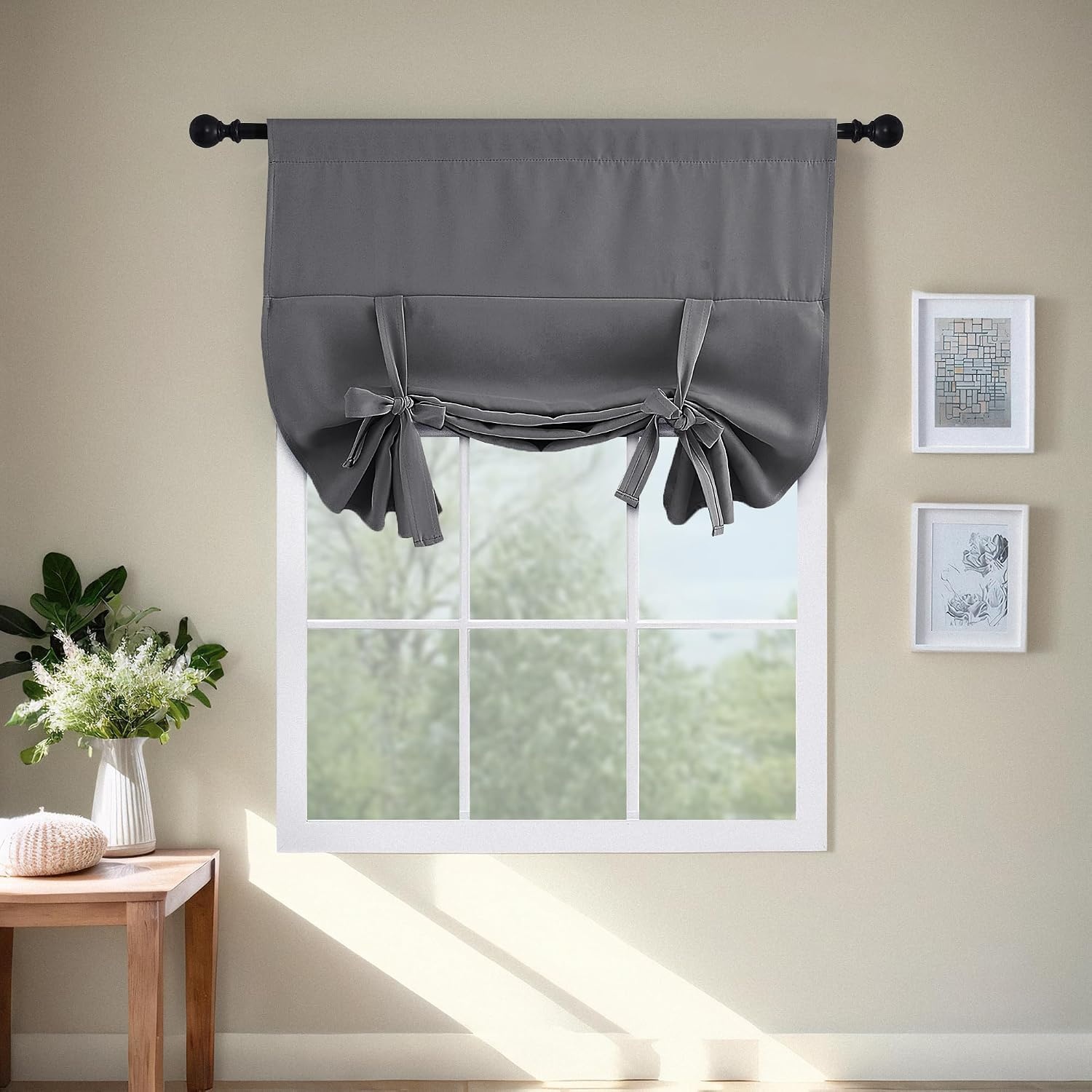 image:imageNICETOWN Thermal Insulated Blackout Short Curtain Bathroom Curtain Gray Tie Up Shade for Small Window Window Valance Balloon Roman Blind Rod Pocket Panel 46 inches W x 63 inches LGrey