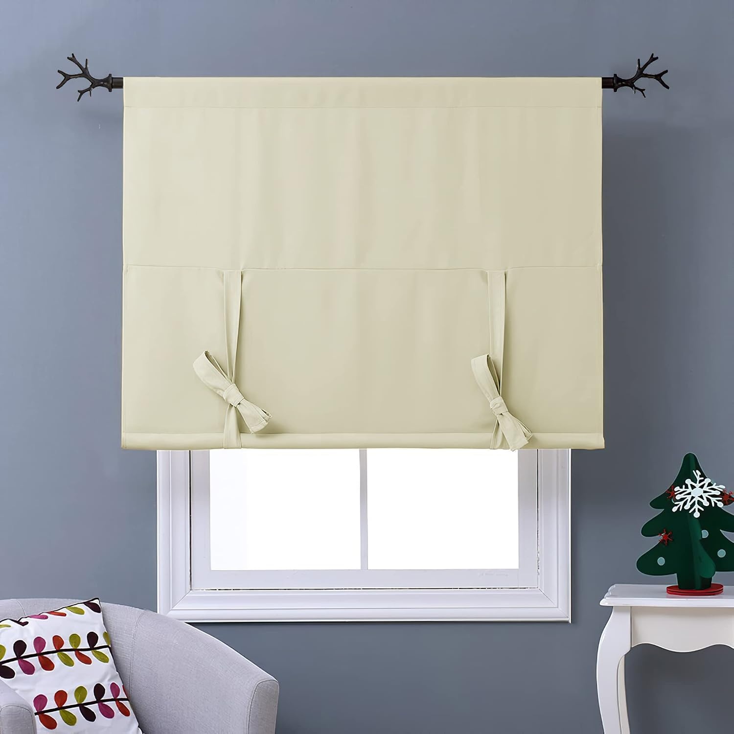 image:imageNICETOWN Thermal Insulated Blackout Short Curtain Bathroom Curtain Gray Tie Up Shade for Small Window Window Valance Balloon Roman Blind Rod Pocket Panel 46 inches W x 63 inches LLight Beige