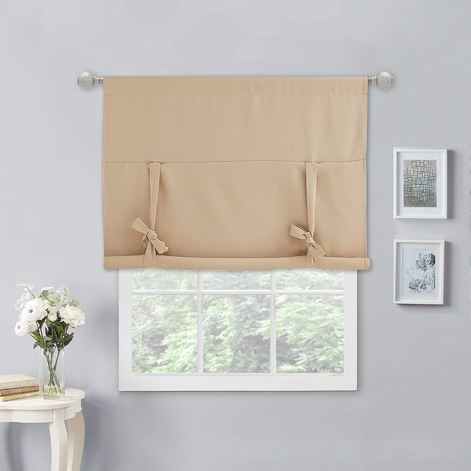 image:imageNICETOWN Thermal Insulated Blackout Short Curtain Bathroom Curtain Gray Tie Up Shade for Small Window Window Valance Balloon Roman Blind Rod Pocket Panel 46 inches W x 63 inches LBiscotti Beige