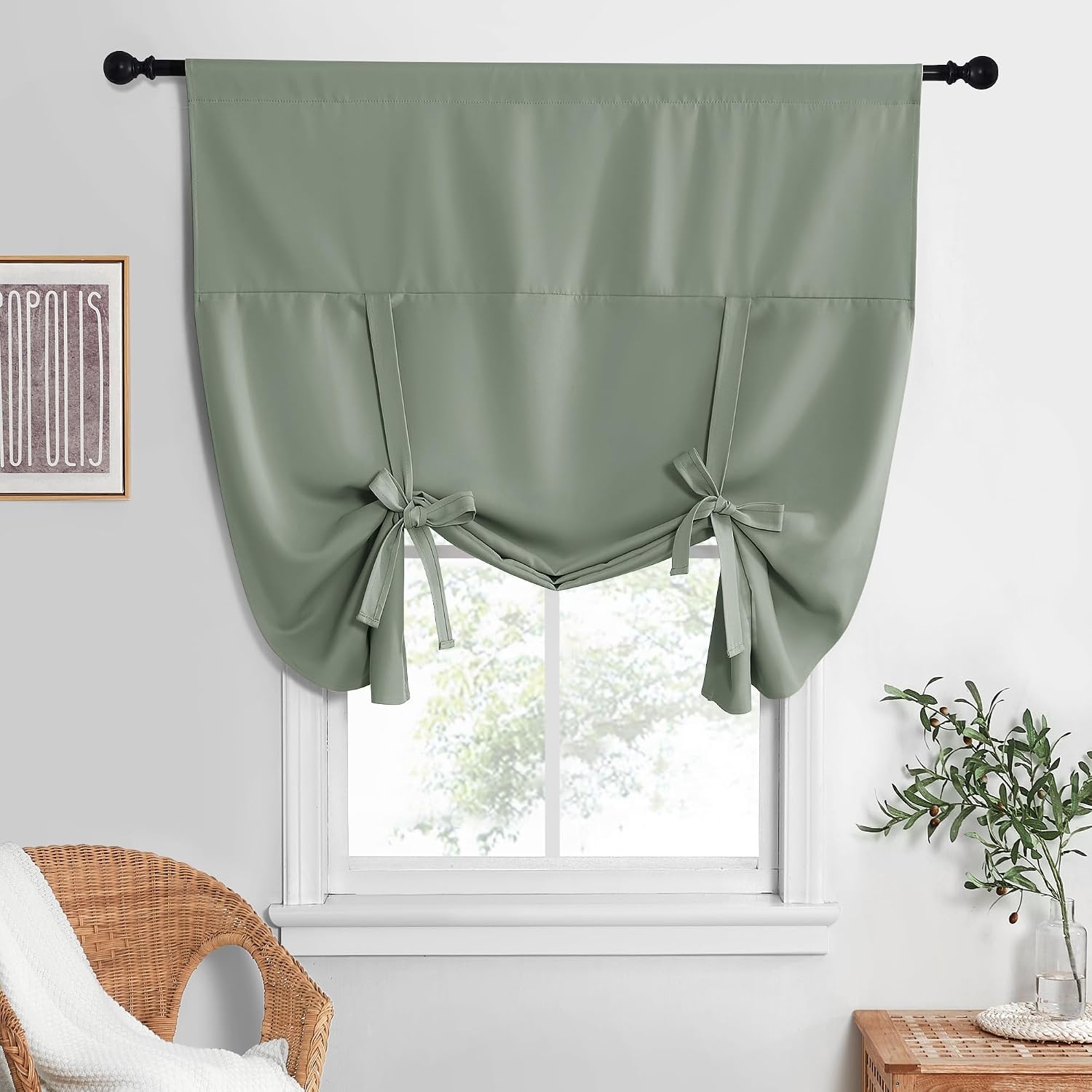 image:imageNICETOWN Thermal Insulated Blackout Short Curtain Bathroom Curtain Gray Tie Up Shade for Small Window Window Valance Balloon Roman Blind Rod Pocket Panel 46 inches W x 63 inches LGreyish Green