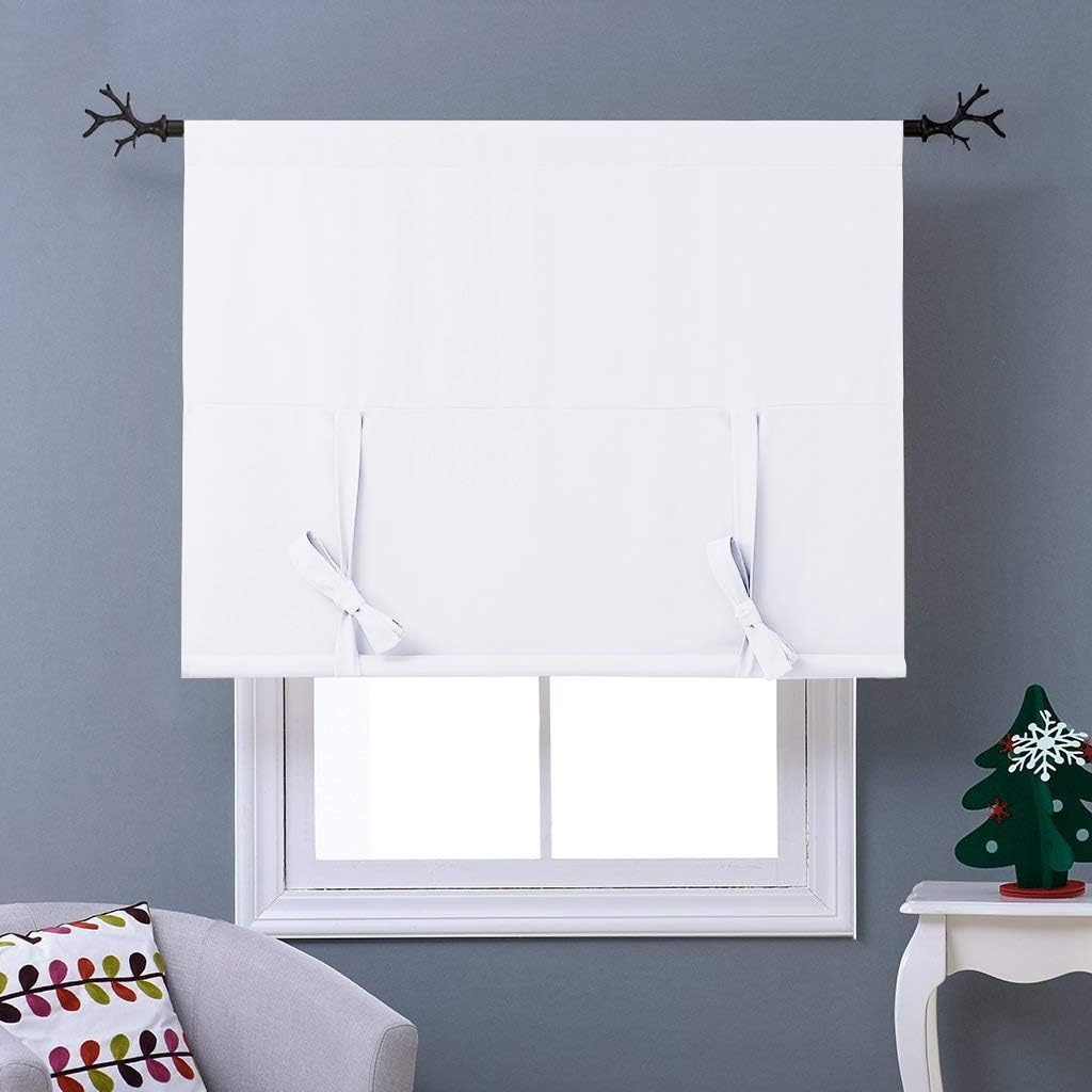image:imageNICETOWN Thermal Insulated Blackout Short Curtain Bathroom Curtain Gray Tie Up Shade for Small Window Window Valance Balloon Roman Blind Rod Pocket Panel 46 inches W x 63 inches LPure White
