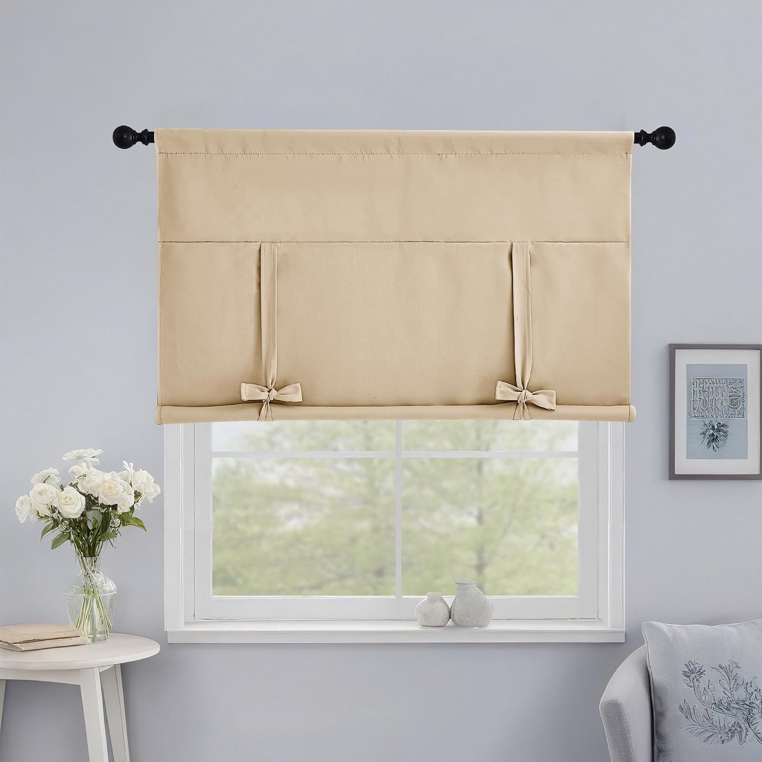 image:imageNICETOWN Thermal Insulated Blackout Short Curtain Bathroom Curtain Gray Tie Up Shade for Small Window Window Valance Balloon Roman Blind Rod Pocket Panel 46 inches W x 63 inches LBiscotti Beige