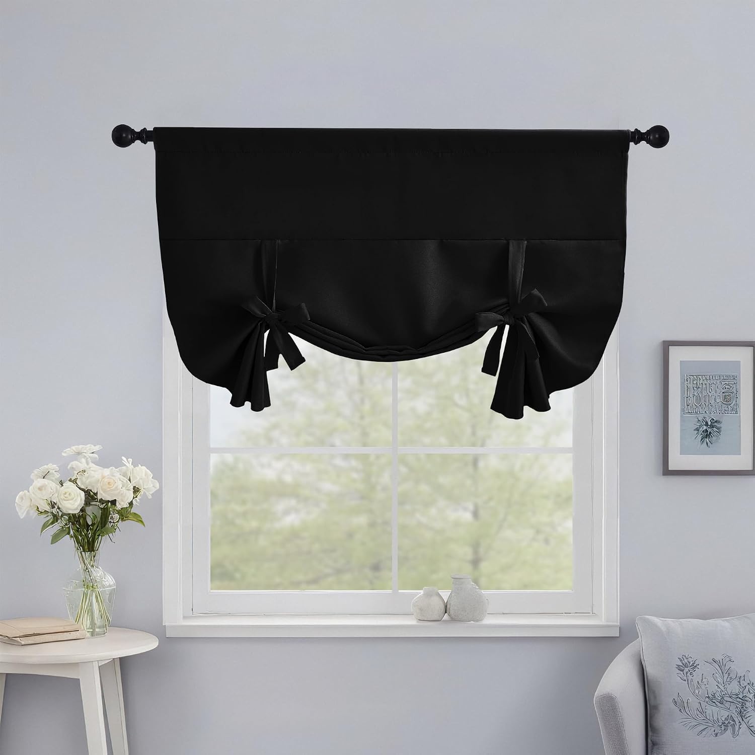 image:imageNICETOWN Thermal Insulated Blackout Short Curtain Bathroom Curtain Gray Tie Up Shade for Small Window Window Valance Balloon Roman Blind Rod Pocket Panel 46 inches W x 63 inches LBlack
