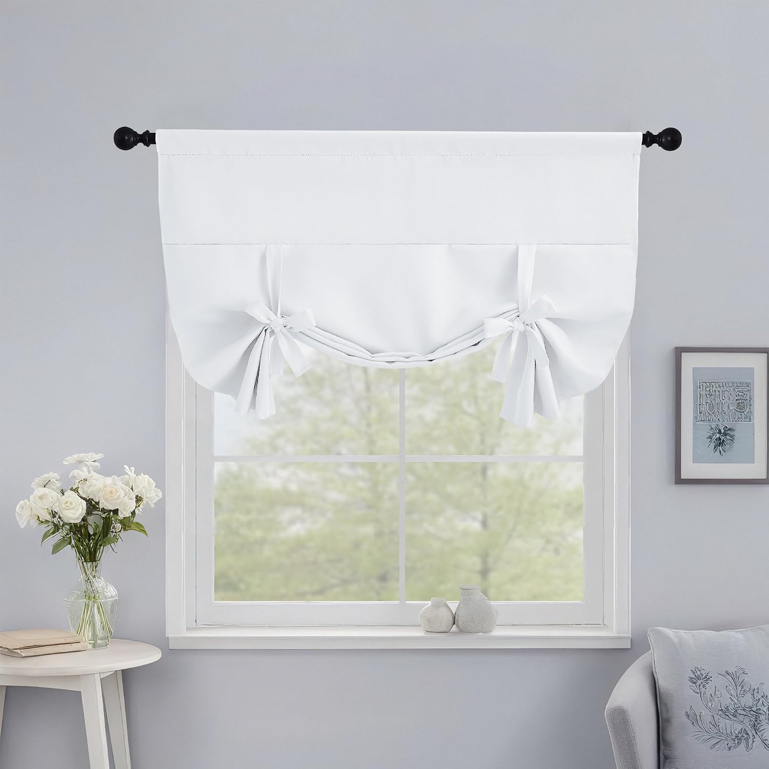 image:imageNICETOWN Thermal Insulated Blackout Short Curtain Bathroom Curtain Gray Tie Up Shade for Small Window Window Valance Balloon Roman Blind Rod Pocket Panel 46 inches W x 63 inches LPure White
