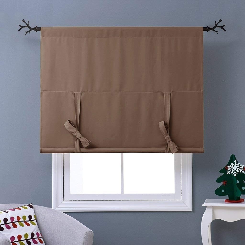image:imageNICETOWN Thermal Insulated Blackout Short Curtain Bathroom Curtain Gray Tie Up Shade for Small Window Window Valance Balloon Roman Blind Rod Pocket Panel 46 inches W x 63 inches LCappuccino