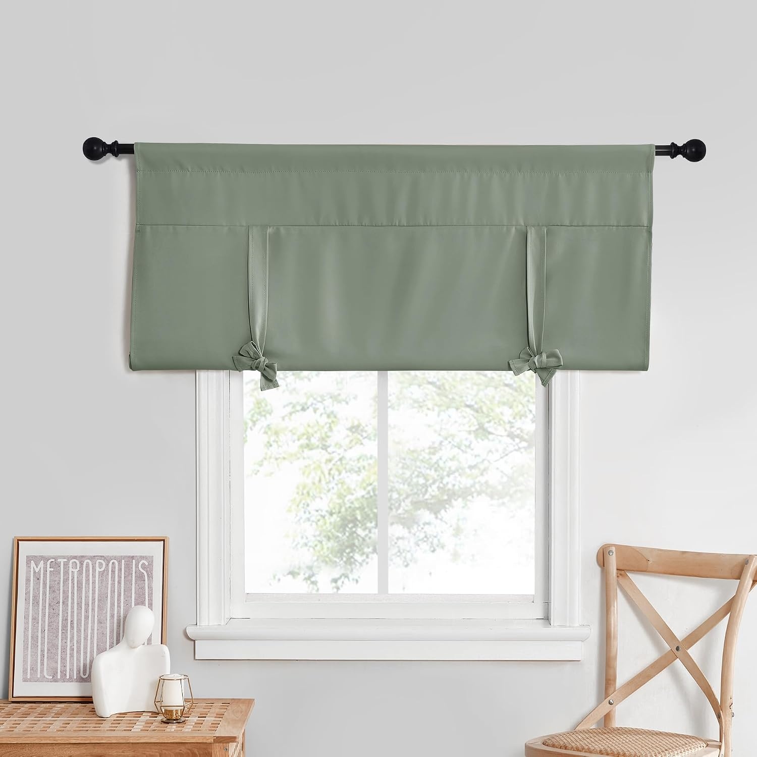 image:imageNICETOWN Thermal Insulated Blackout Short Curtain Bathroom Curtain Gray Tie Up Shade for Small Window Window Valance Balloon Roman Blind Rod Pocket Panel 46 inches W x 63 inches LGreyish Green