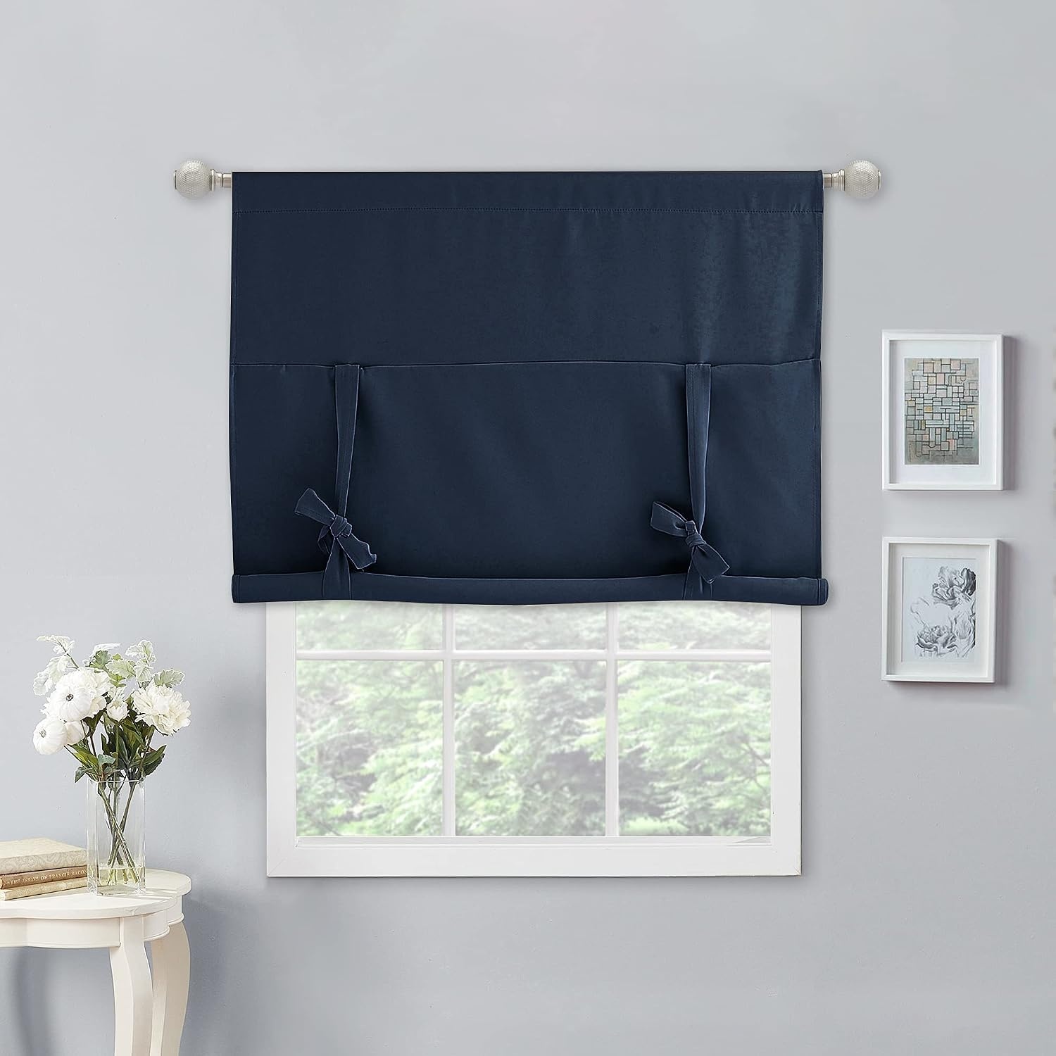 image:imageNICETOWN Thermal Insulated Blackout Short Curtain Bathroom Curtain Gray Tie Up Shade for Small Window Window Valance Balloon Roman Blind Rod Pocket Panel 46 inches W x 63 inches LNavy Blue