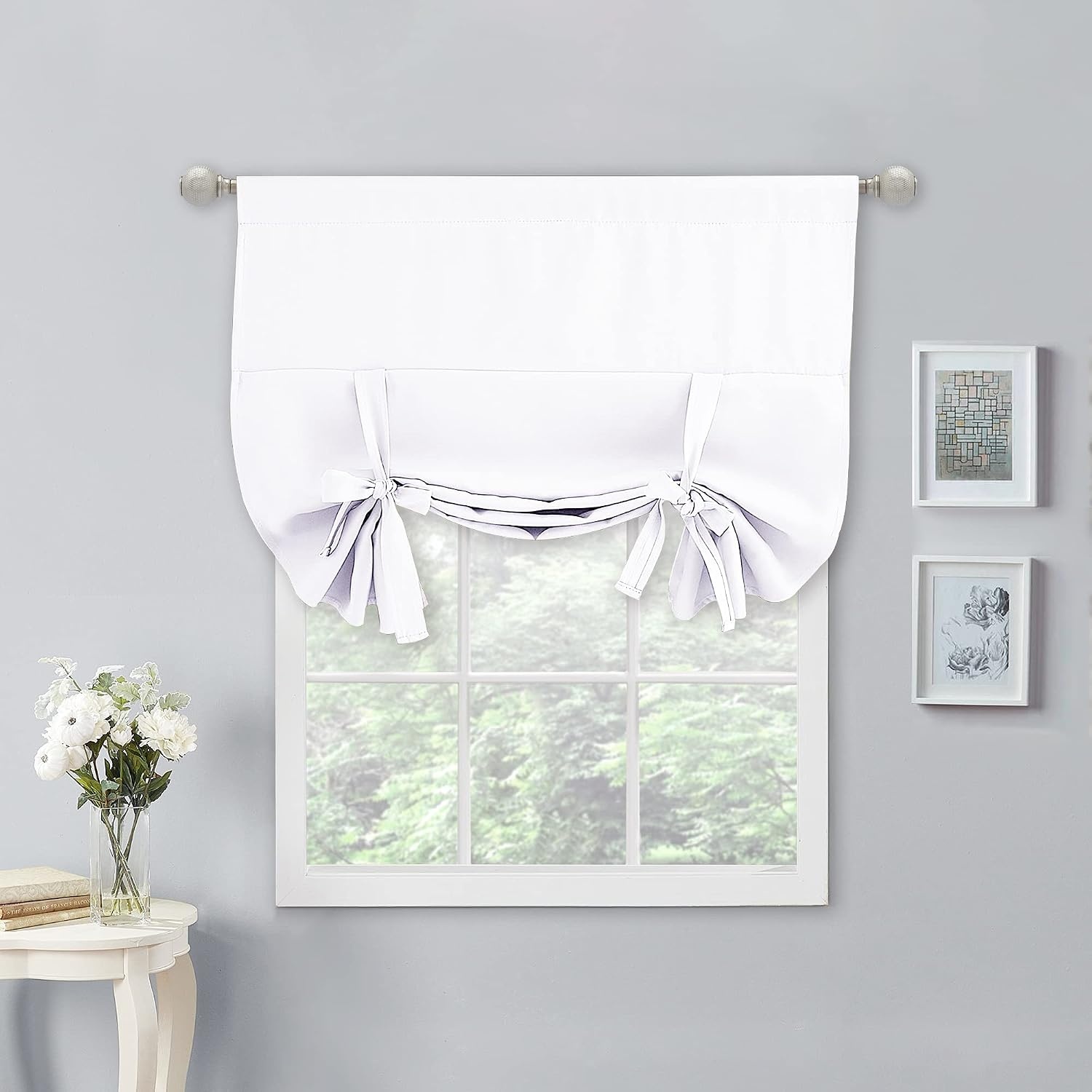 image:imageNICETOWN Thermal Insulated Blackout Short Curtain Bathroom Curtain Gray Tie Up Shade for Small Window Window Valance Balloon Roman Blind Rod Pocket Panel 46 inches W x 63 inches LPure White