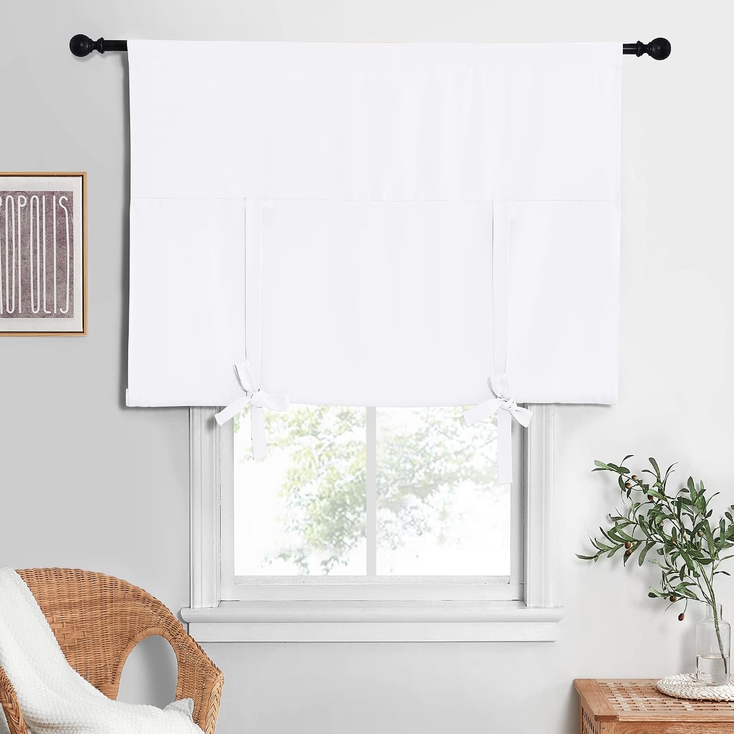 image:imageNICETOWN Thermal Insulated Blackout Short Curtain Bathroom Curtain Gray Tie Up Shade for Small Window Window Valance Balloon Roman Blind Rod Pocket Panel 46 inches W x 63 inches LPure White