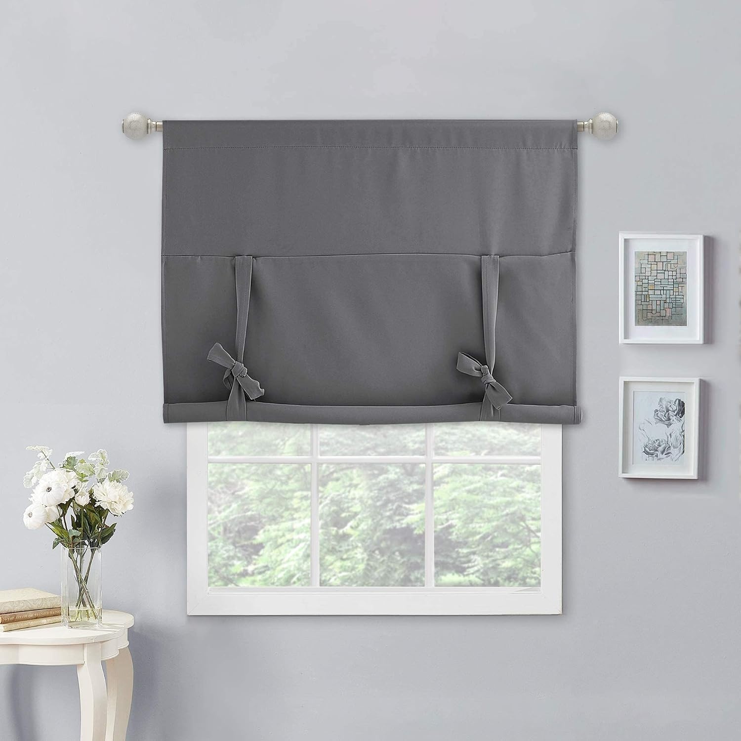 image:imageNICETOWN Thermal Insulated Blackout Short Curtain Bathroom Curtain Gray Tie Up Shade for Small Window Window Valance Balloon Roman Blind Rod Pocket Panel 46 inches W x 63 inches LGrey